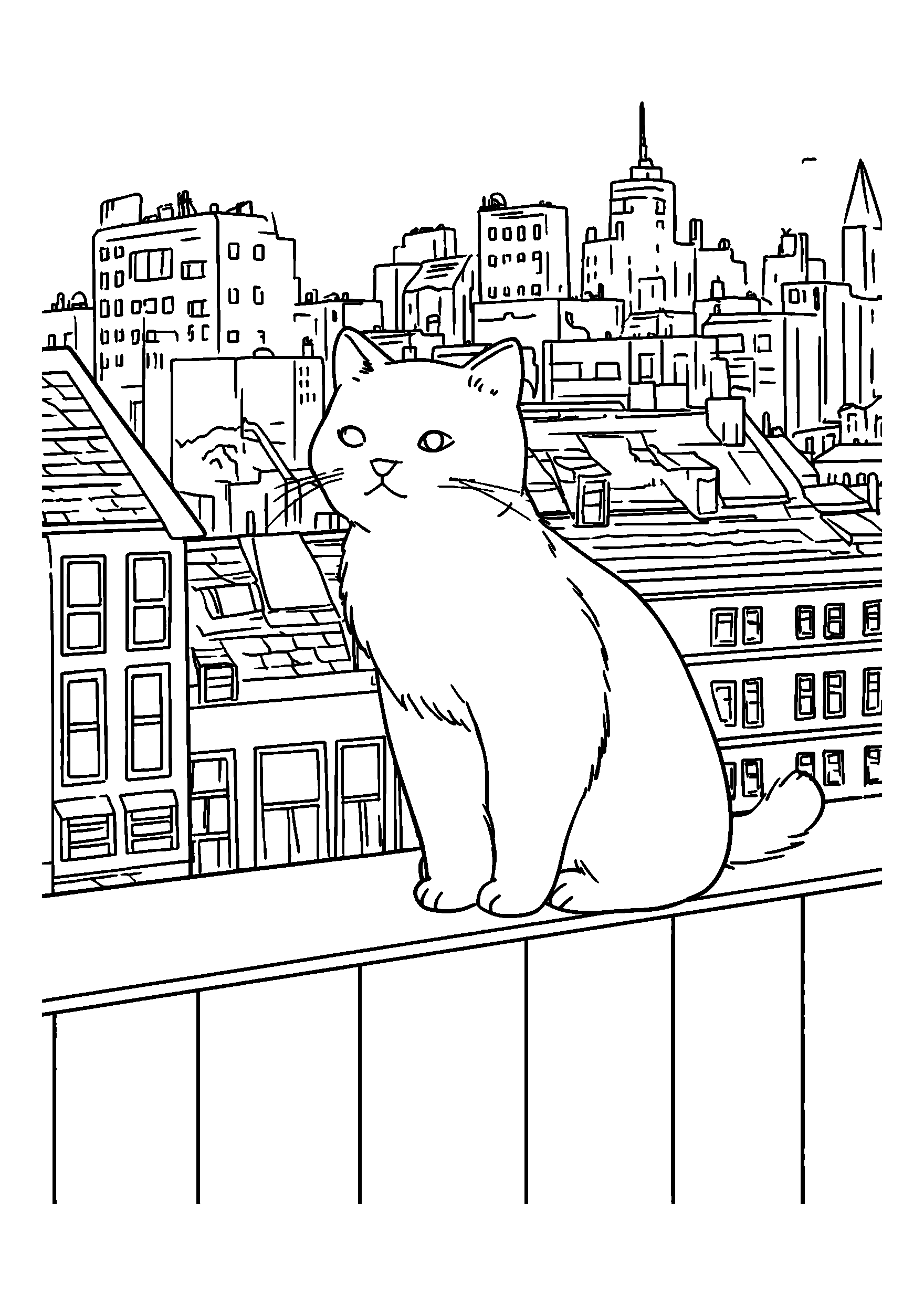 coloriage Cat Perched on a Rooftop Overlooking the City