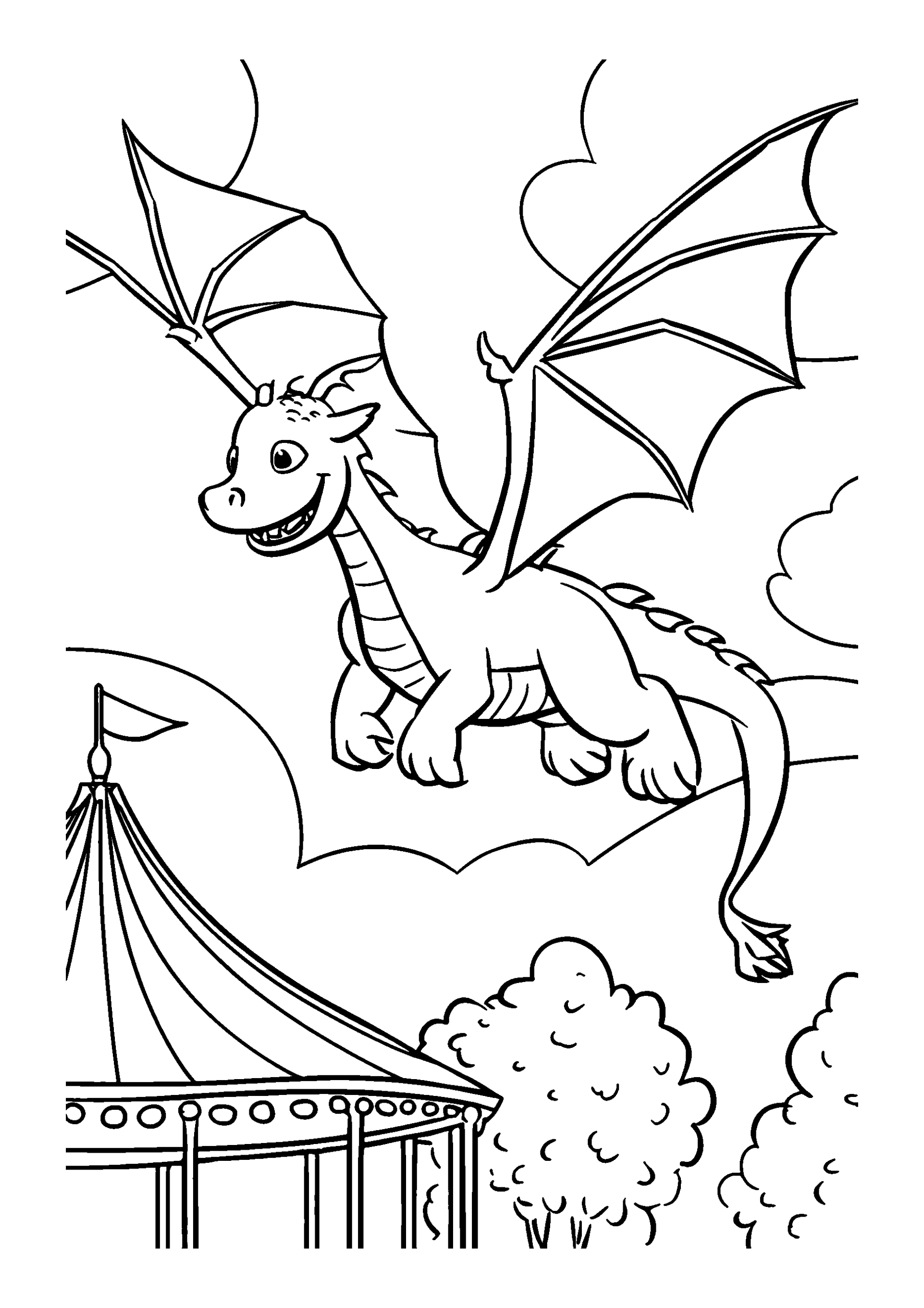 coloriage Dragon Soaring Low over a Vibrant Festival