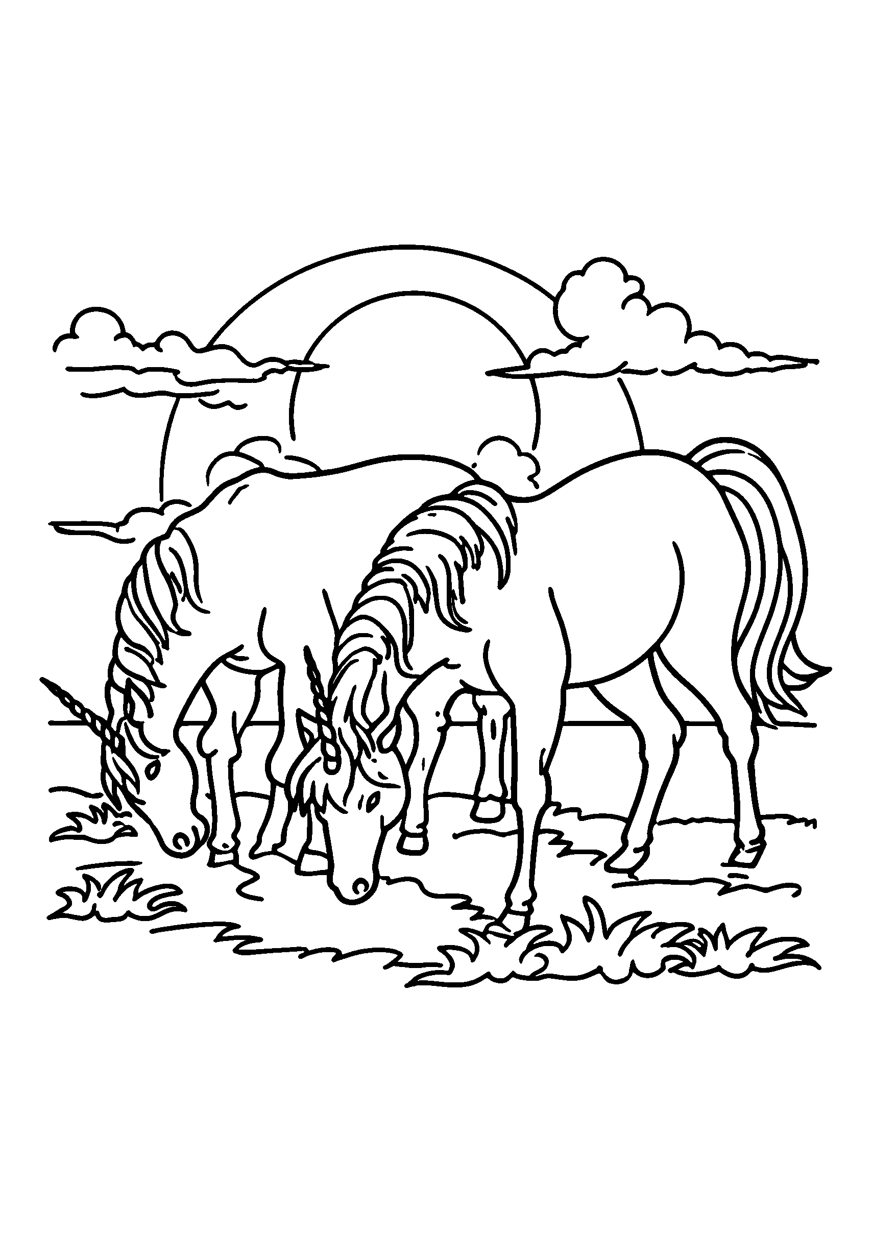 coloriage Unicorns Grazing Peacefully at Sunrise