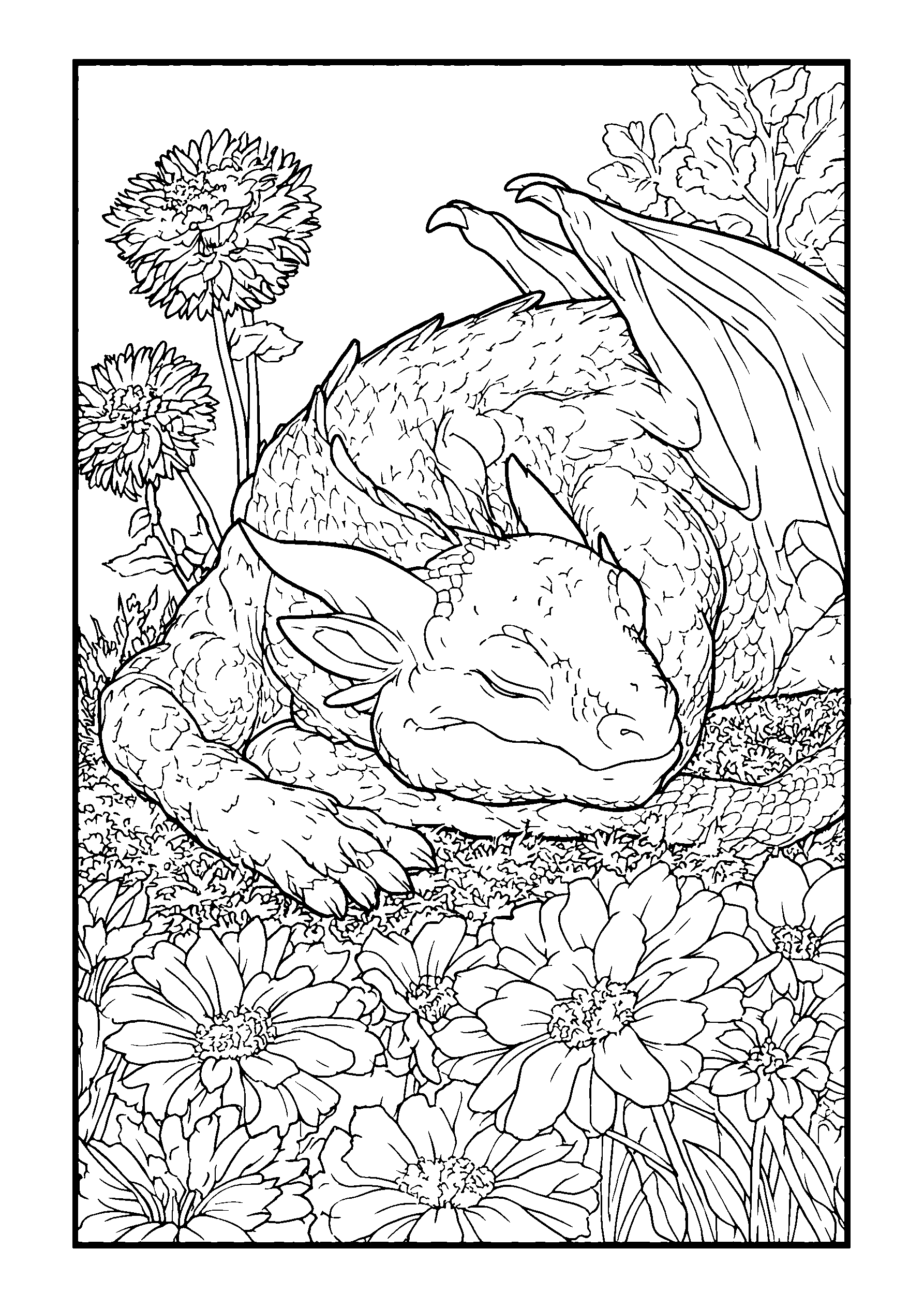 coloriage Dragon Resting with a Serene Expression in a Flower Garden