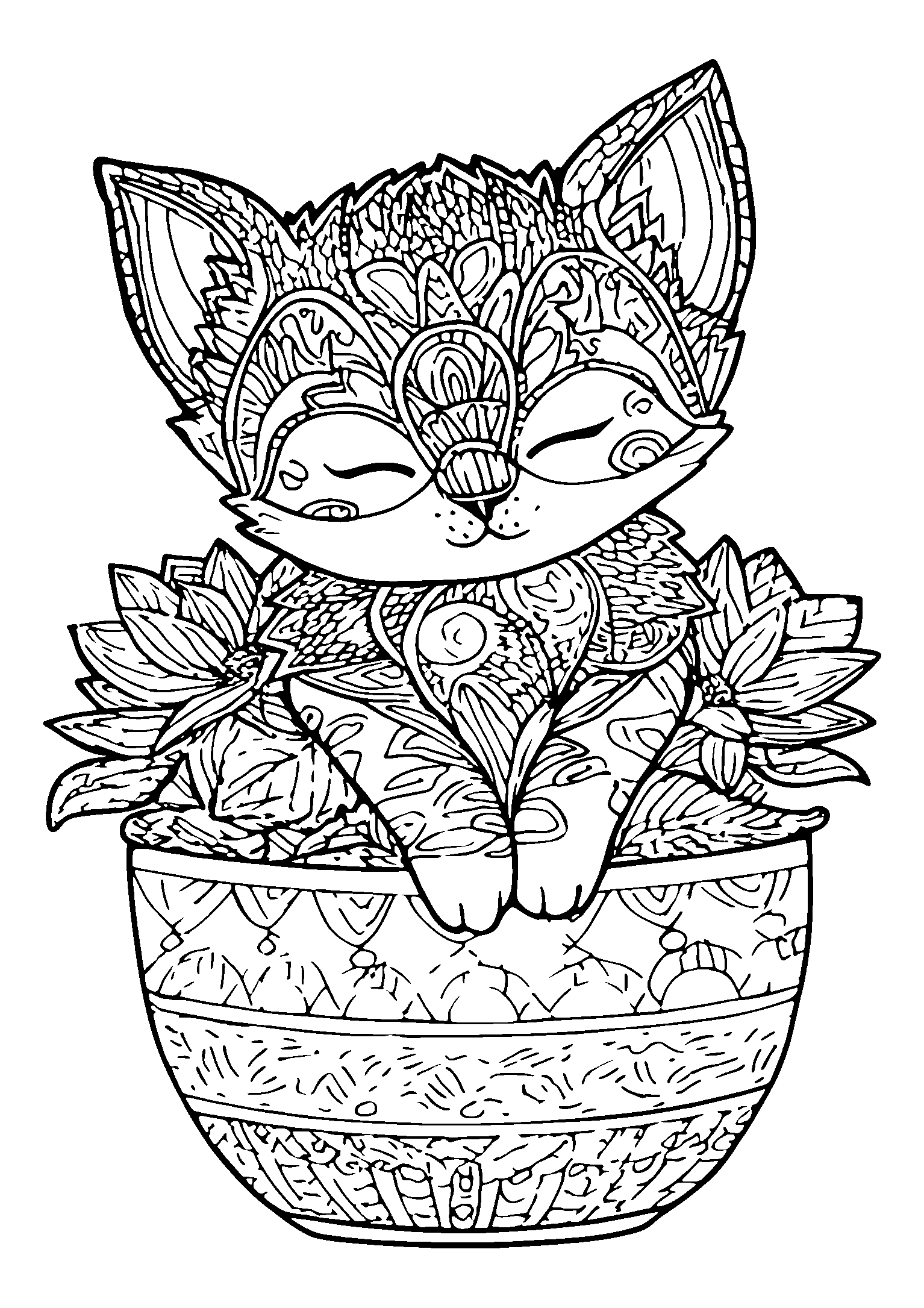 coloriage Playful Kitten Sleeping in a Flower Pot