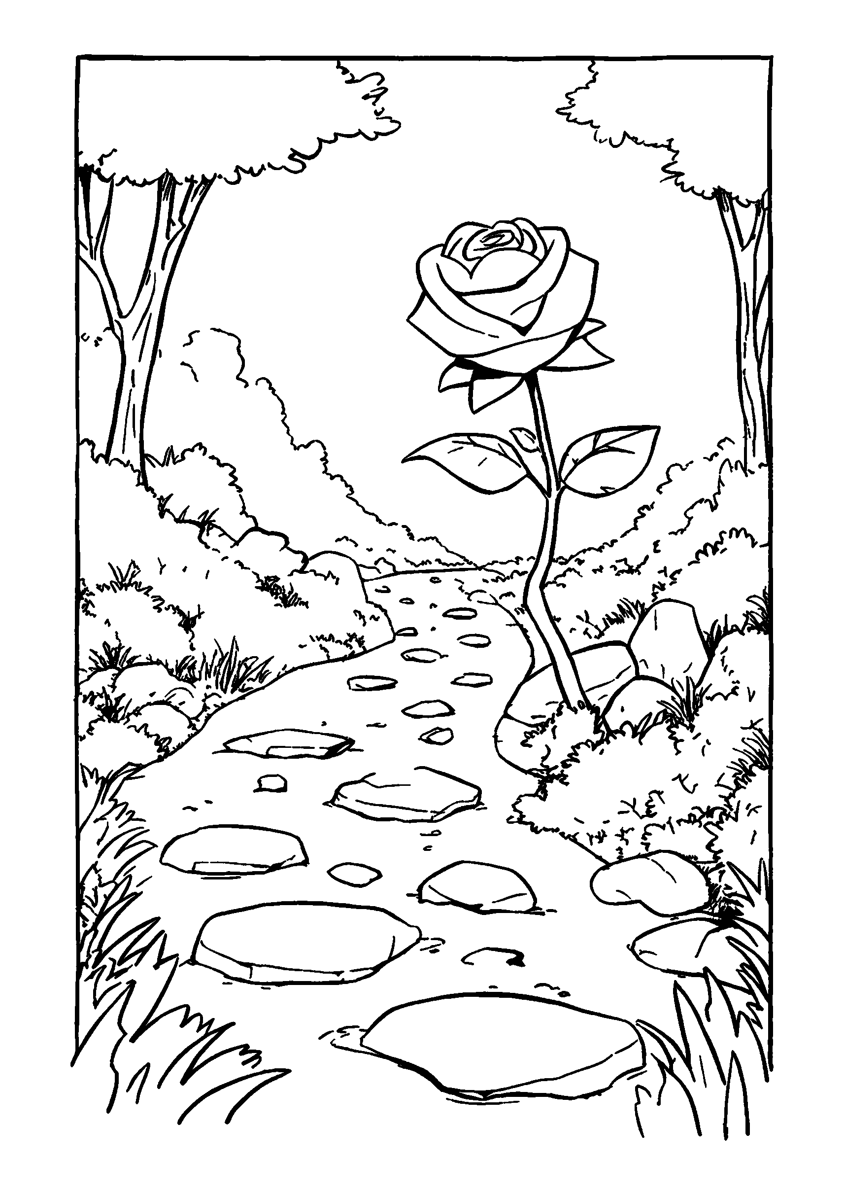 coloriage Romantic Scene with a Rose Petal Scattered Path