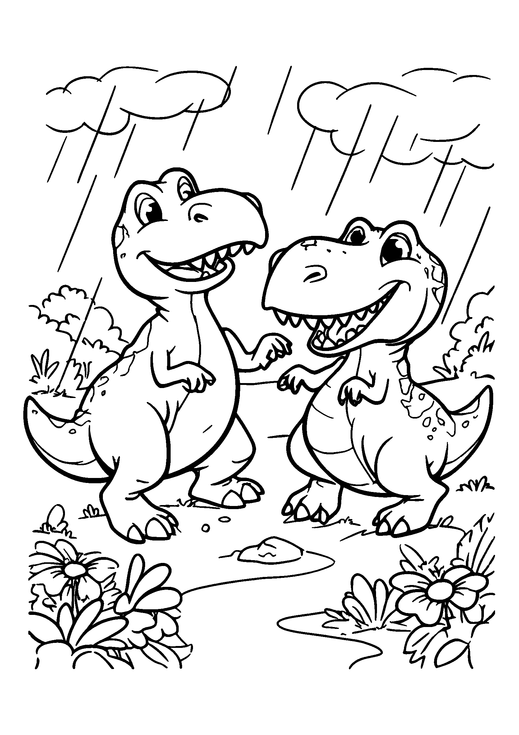 coloriage Dinosaurs Playing Tag in a Rainy Meadow