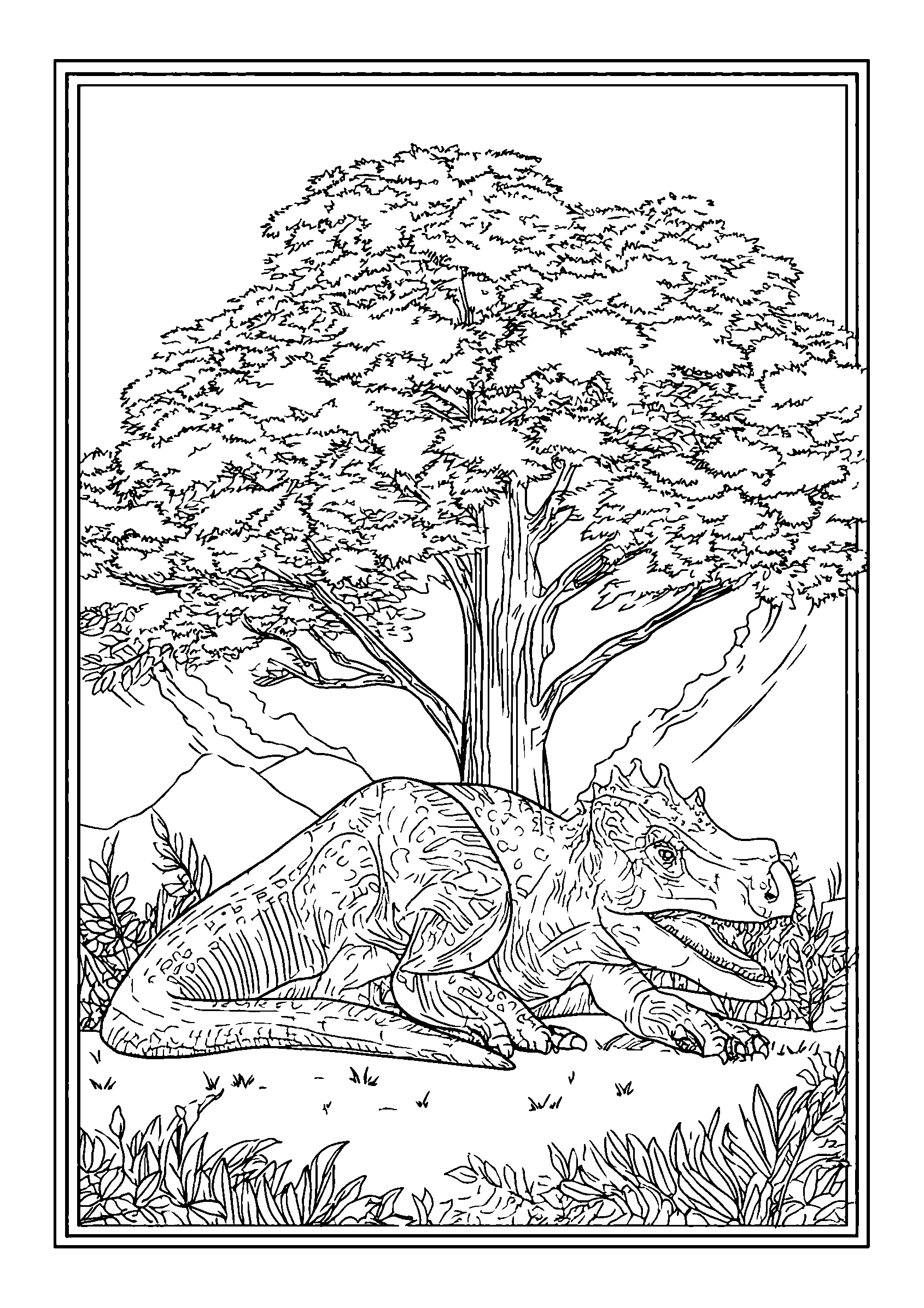 coloriage Dinosaur Family Picnicking under a Shady Tree