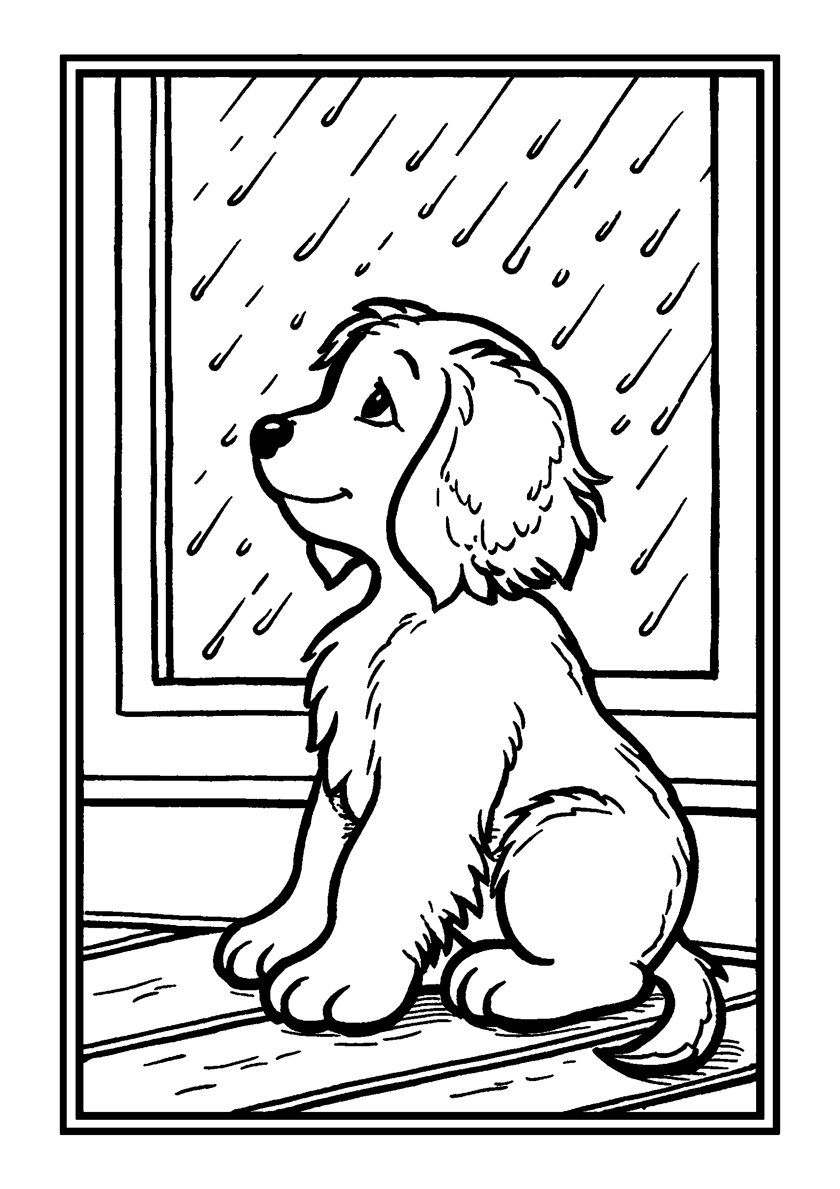 coloriage Dog Looking out the Window During a Rainstorm