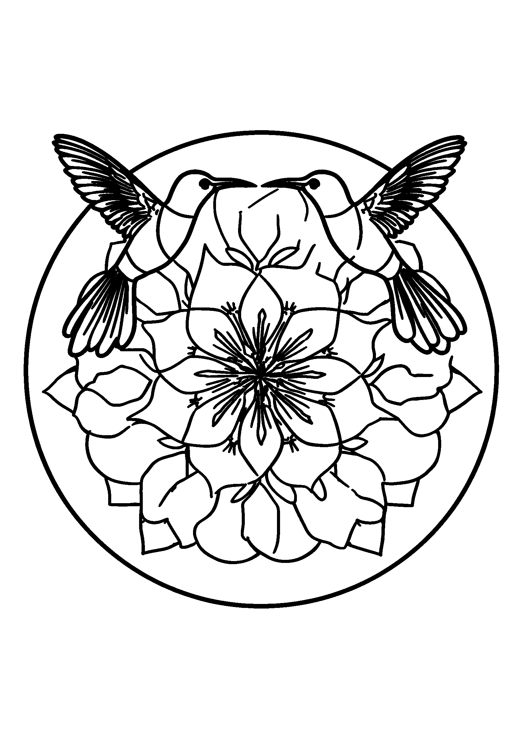 coloriage Hummingbirds Hovering Above a Central Blossom Mandala