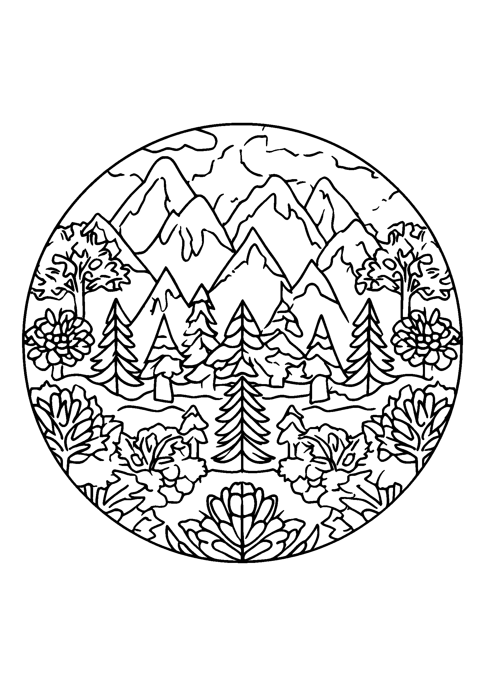 coloriage Nature-themed Mandala with Trees and Mountains