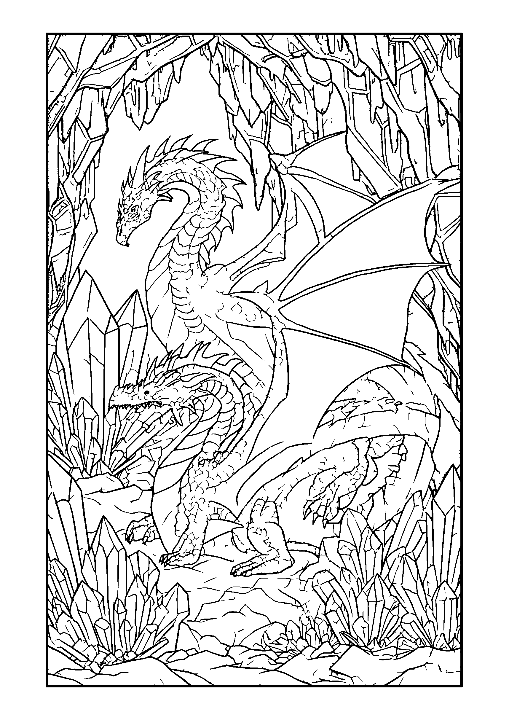 coloriage Dragons Exploring a Mystical Cave Filled with Crystals