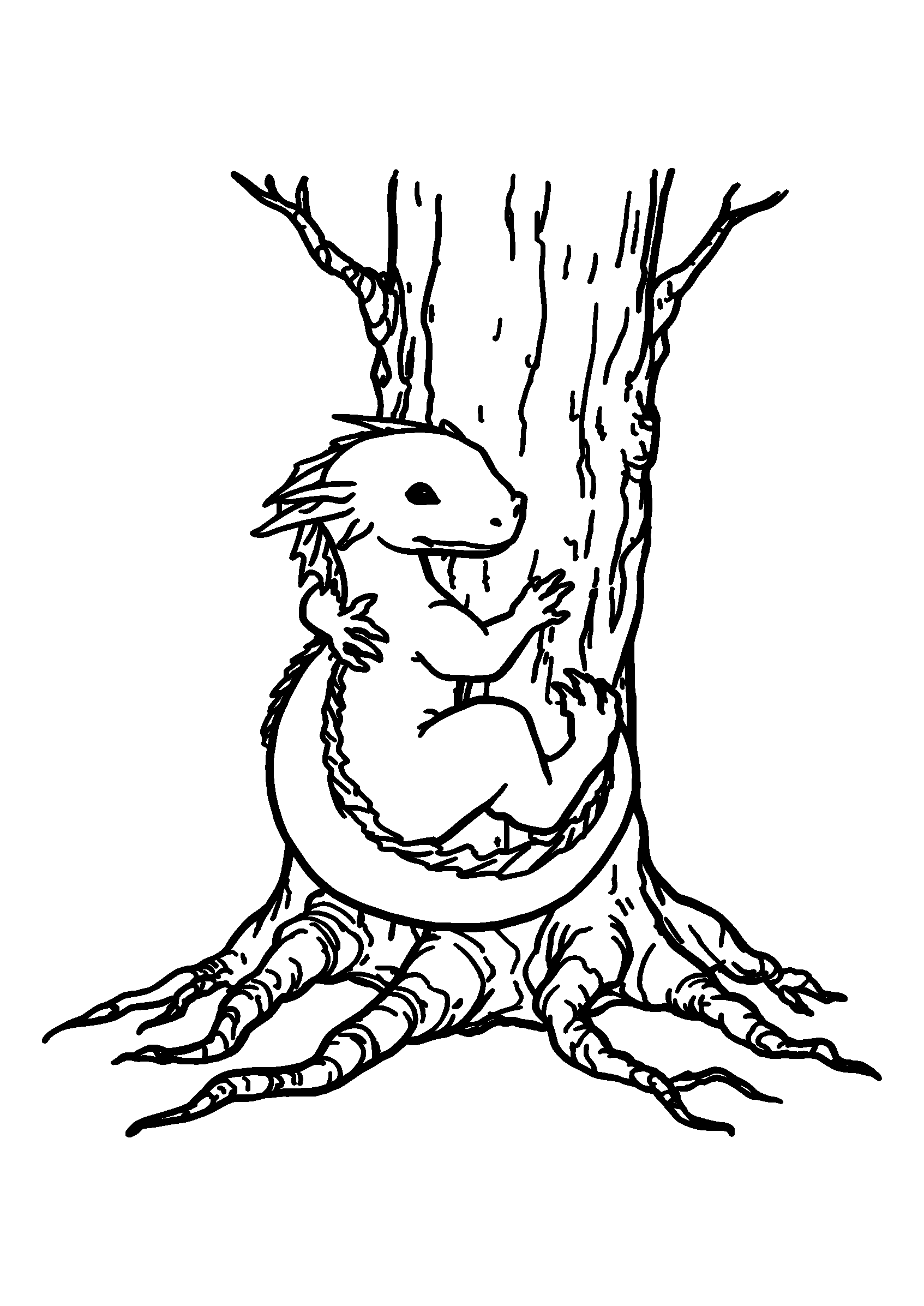coloriage Dragon Wrapped Around a Large Tree with Whimsical Roots