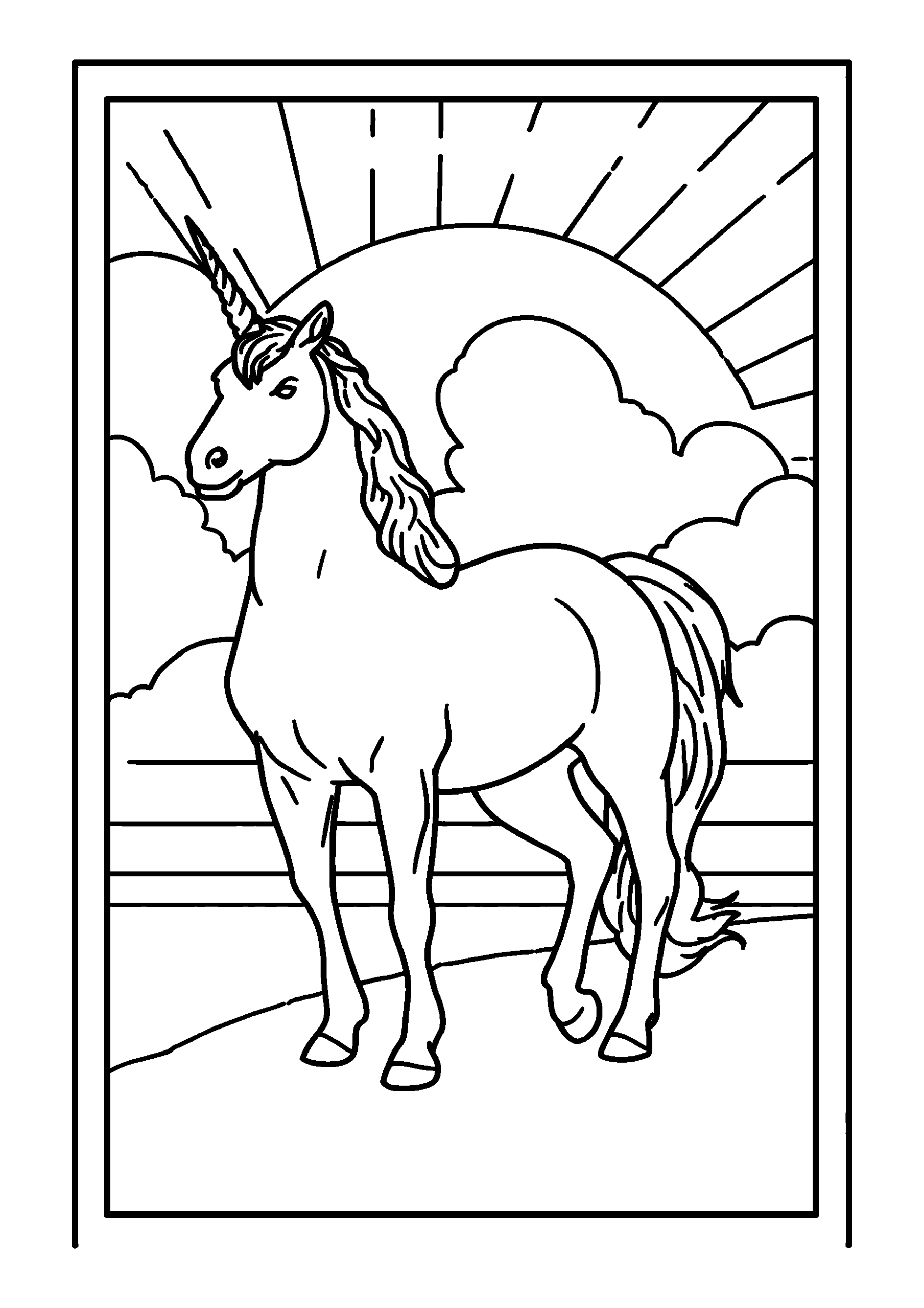 coloriage Silhouette of a Unicorn Against a Colorful Sunset