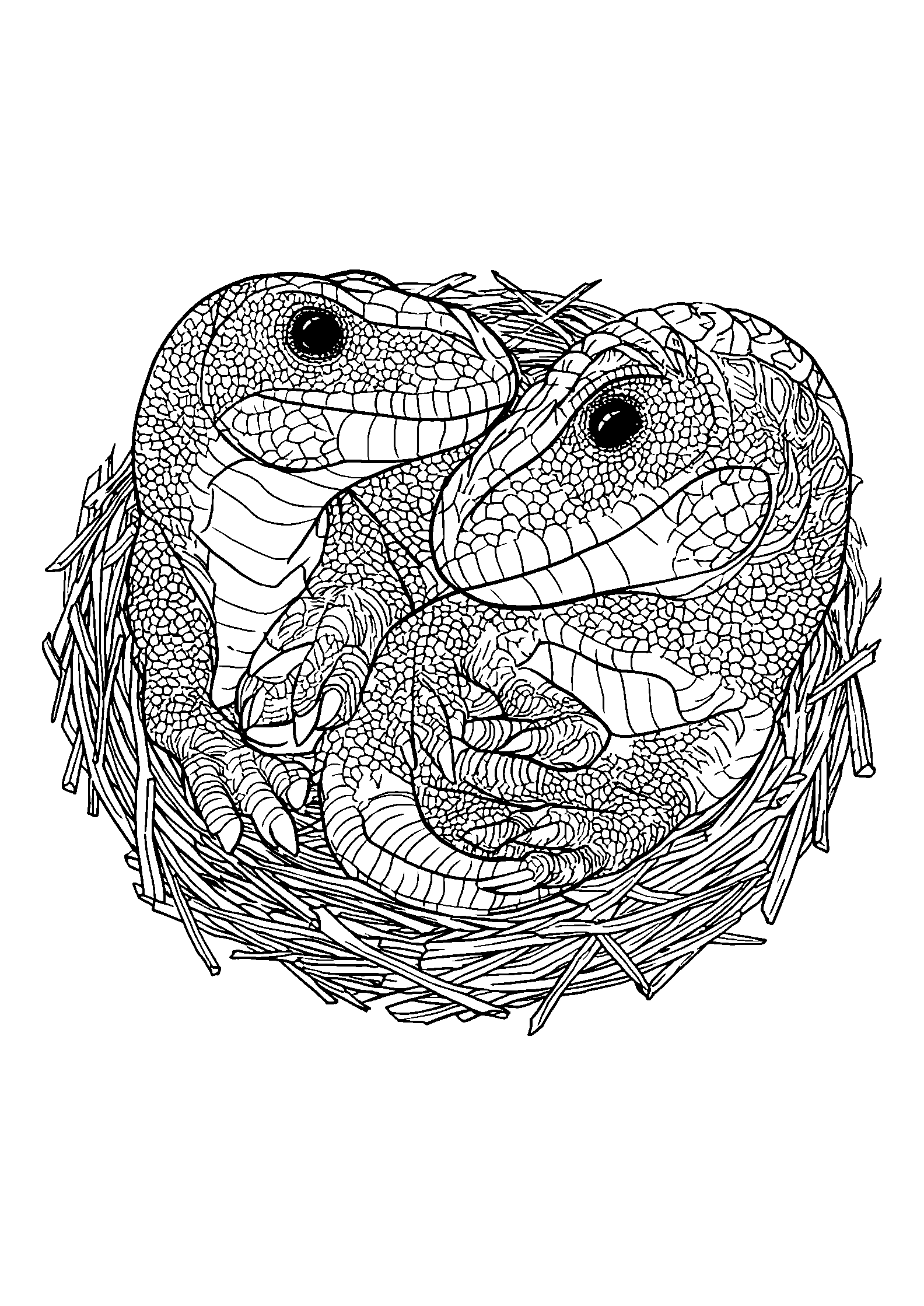 coloriage Dinosaurs Cuddled Together in a Cozy Nest