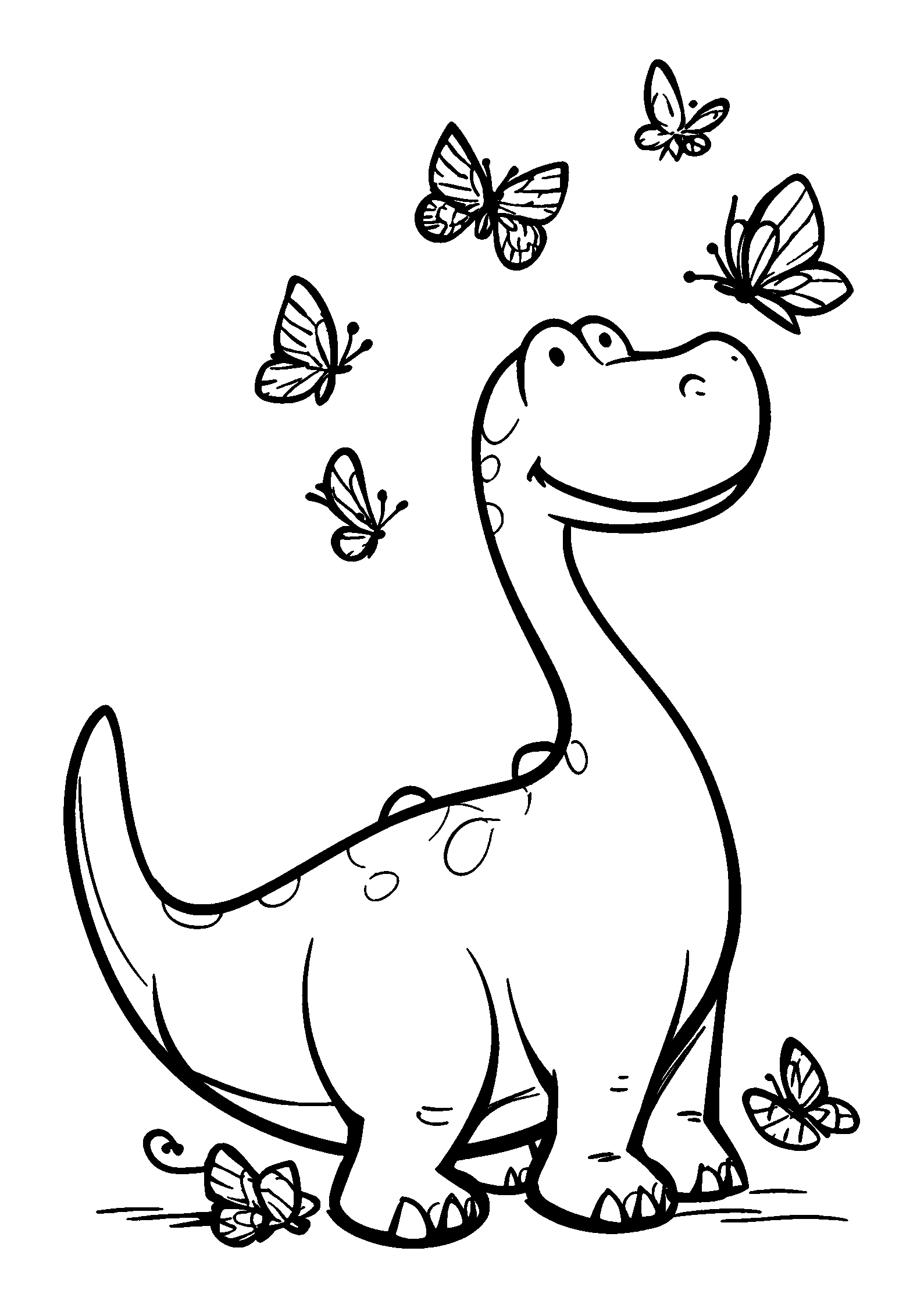 coloriage Dinosaur Amazed by Colorful Butterflies