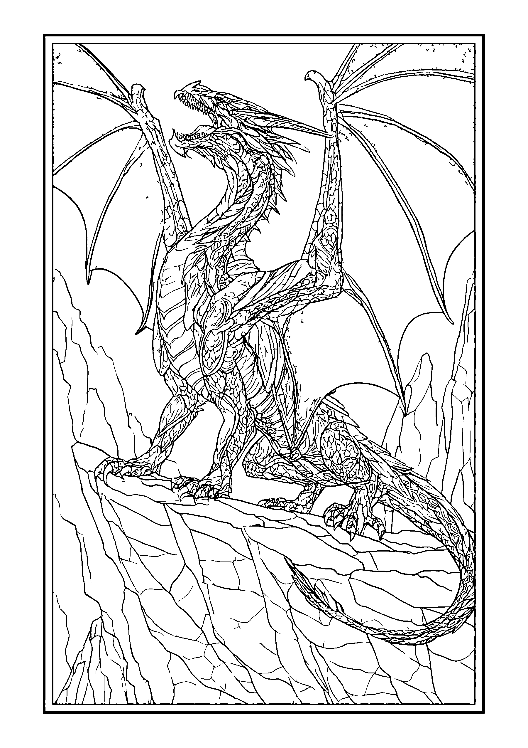 coloriage Dragon Roaring Triumphantly on a Rocky Ledge