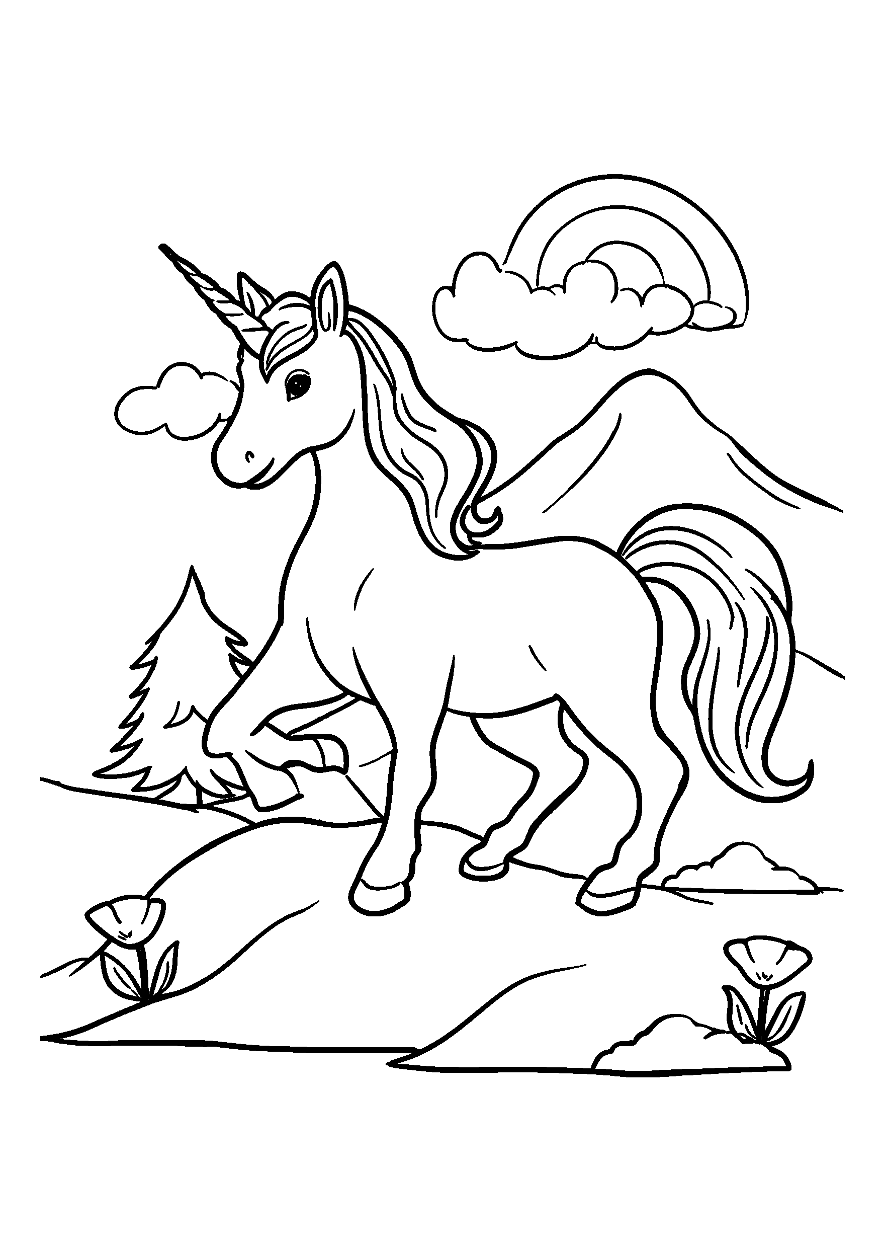 coloriage Unicorn with a Flowing Mane Standing on a Mountain
