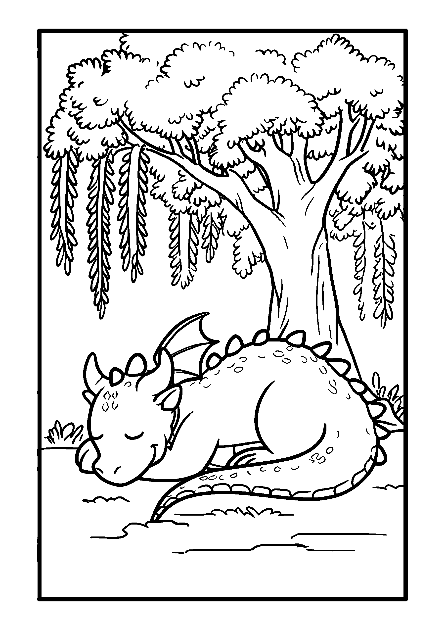 coloriage Dragon Relaxing under the Shade of a Willow Tree