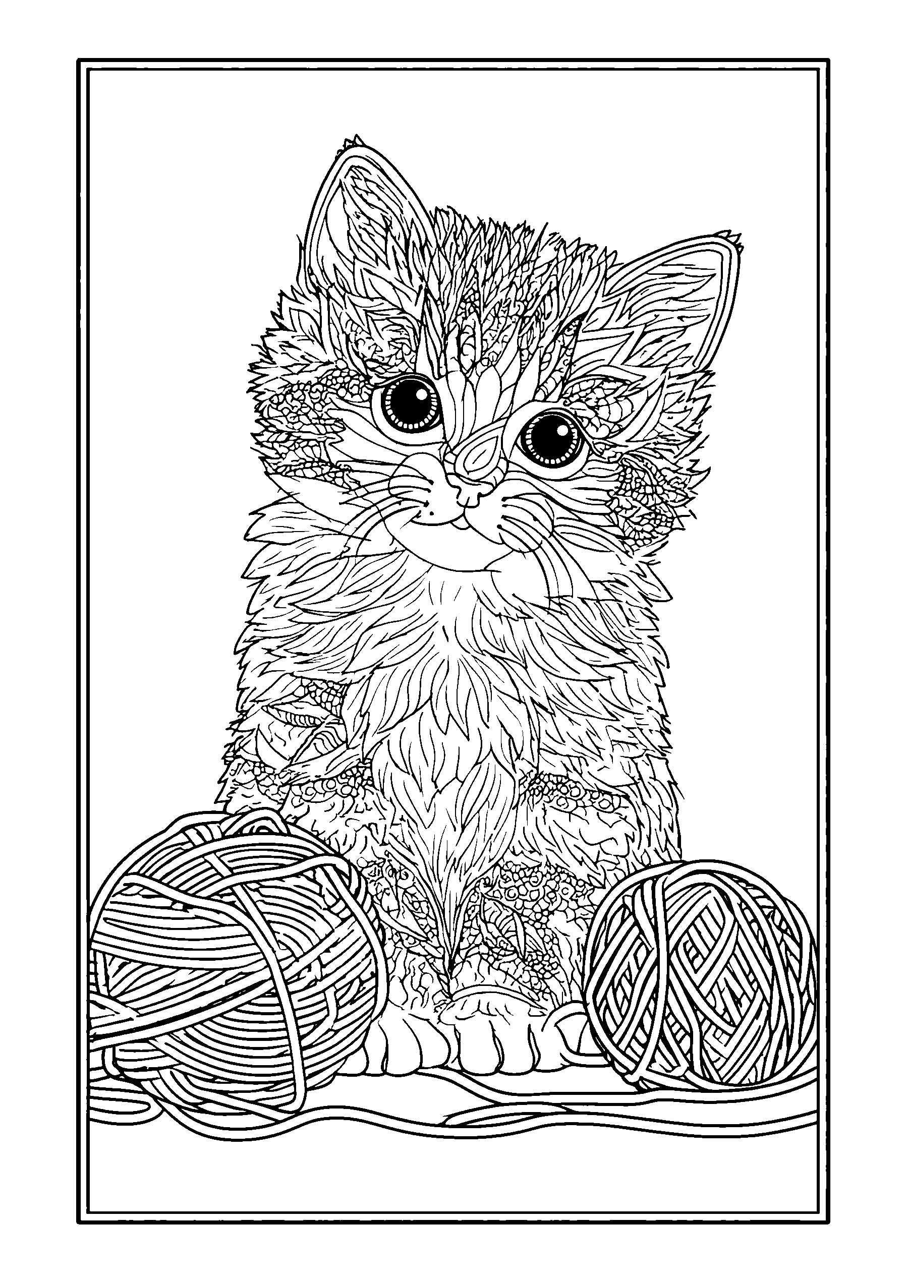 coloriage Kitten Tangled in Colorful Yarn on the Floor