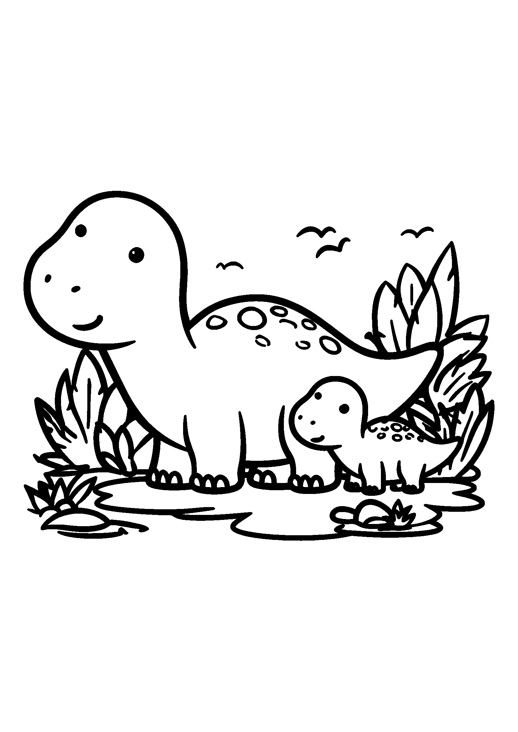 coloriage Mother Dinosaur Guiding Her Young Through a Swamp