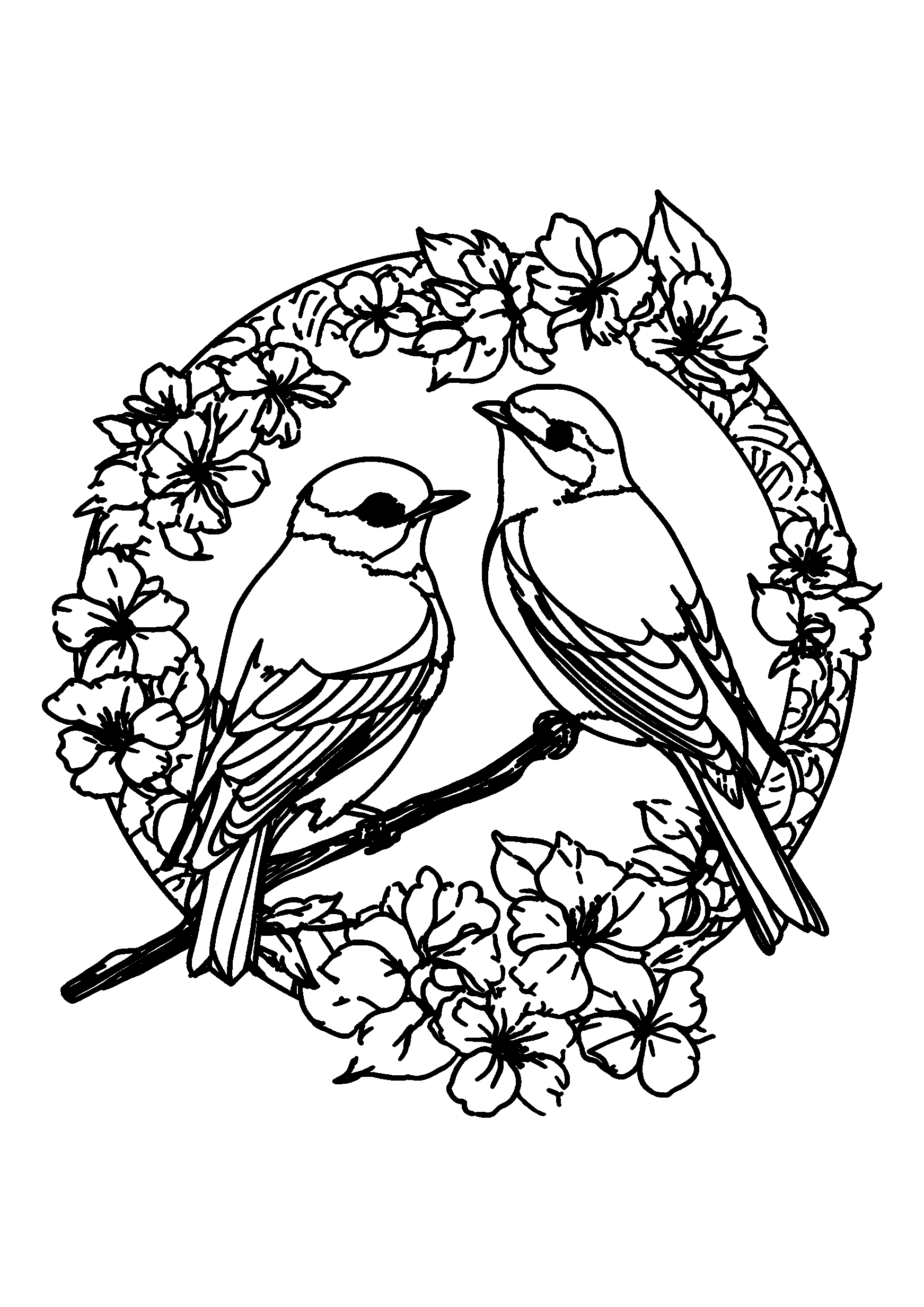 coloriage Birds Perched on a Branch in a Floral Mandala