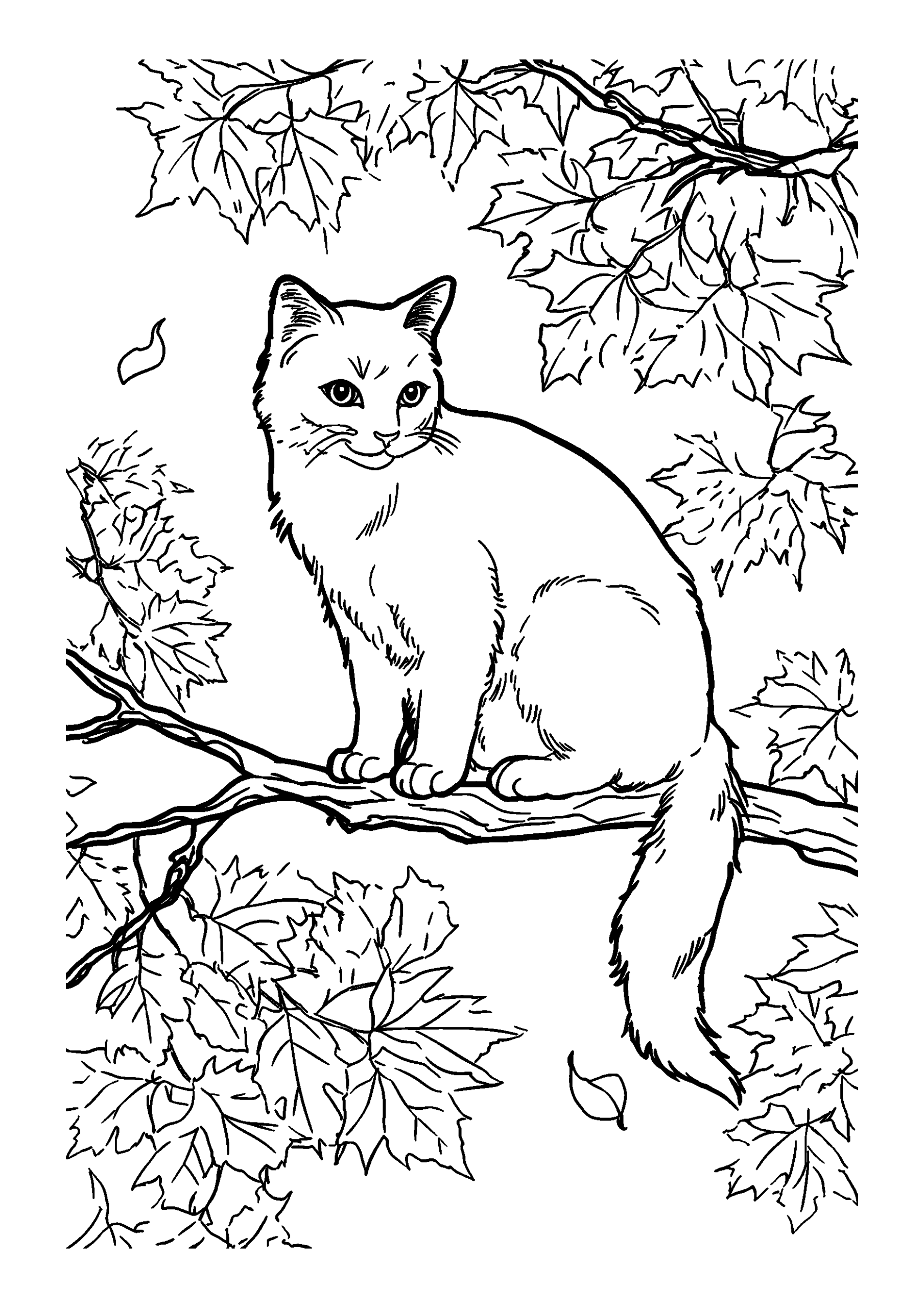 coloriage Cat Perched on a Branch Surrounded by Autumn Leaves