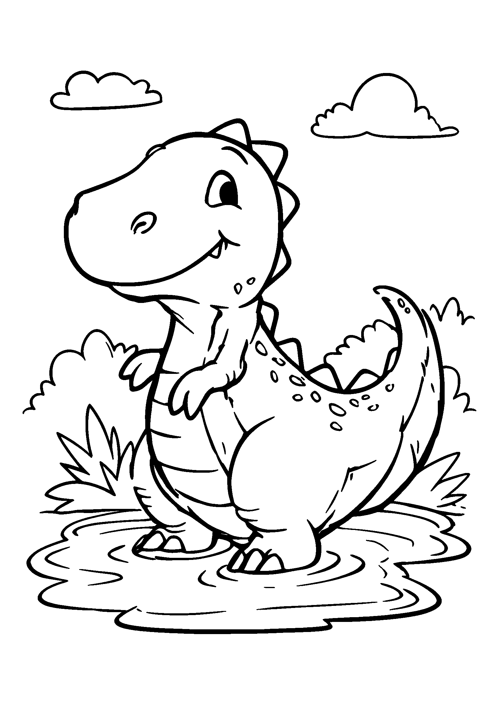coloriage Dinosaur Splashing in a Puddle on a Rainy Day