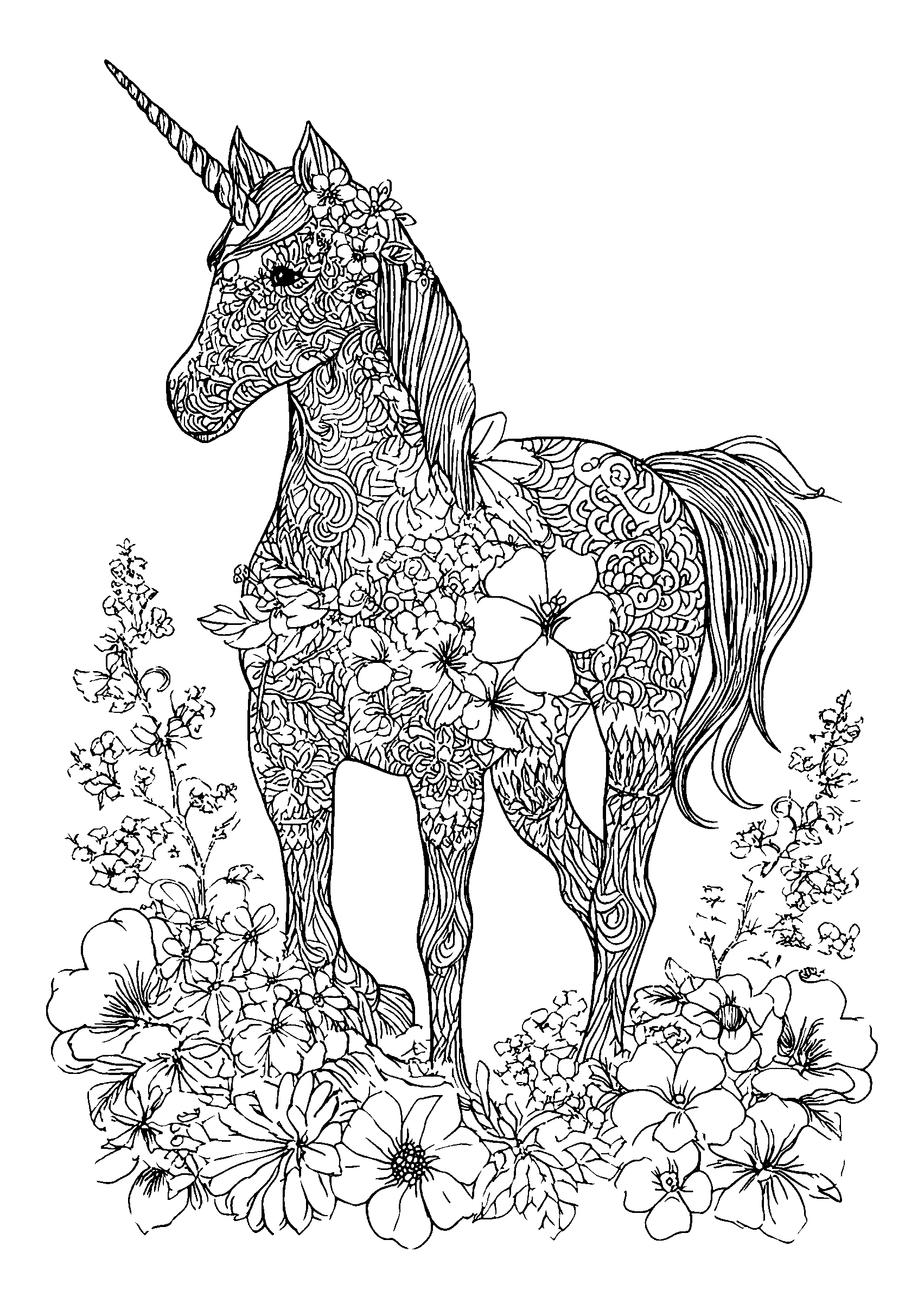 coloriage Unicorn Adorned with Flowers Standing in a Cottage Garden