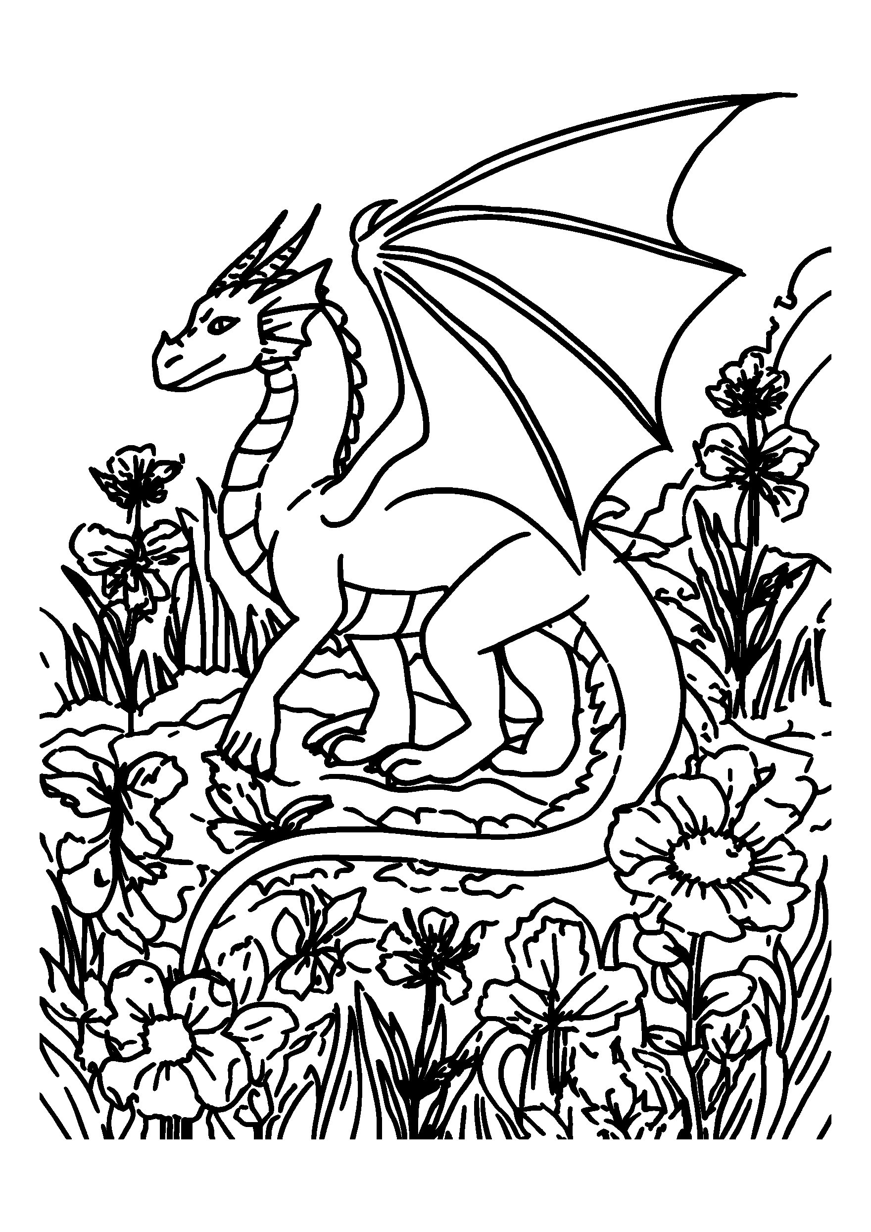 coloriage Dragon Nesting in a Field of Wildflowers
