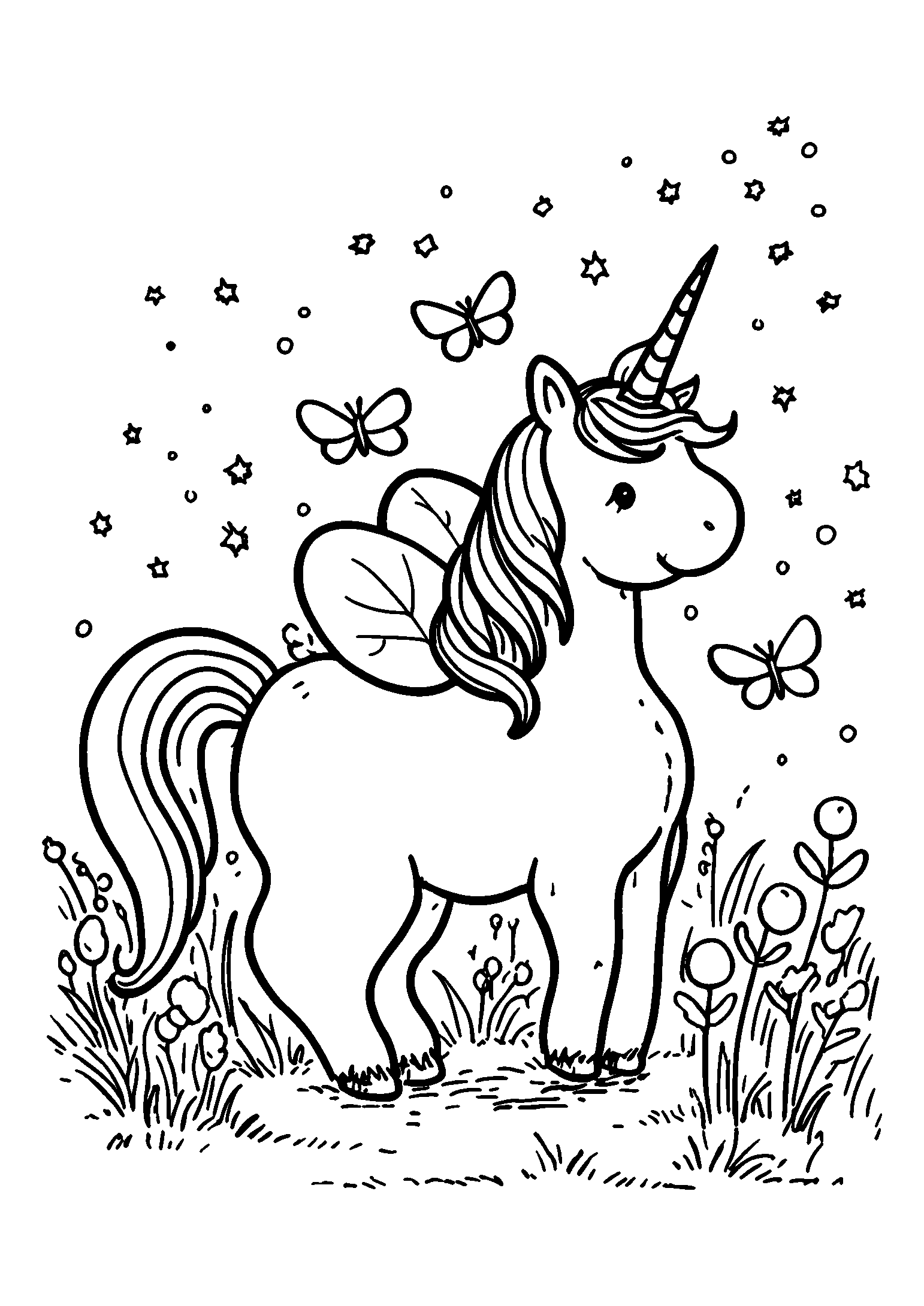 coloriage Unicorn Surrounded by Fireflies in the Twilight