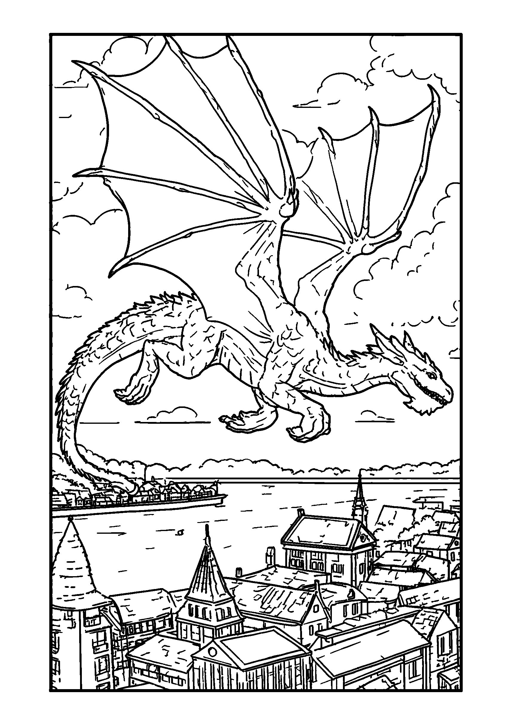 coloriage Dragon Flying over a Bustling Harbor at Dusk