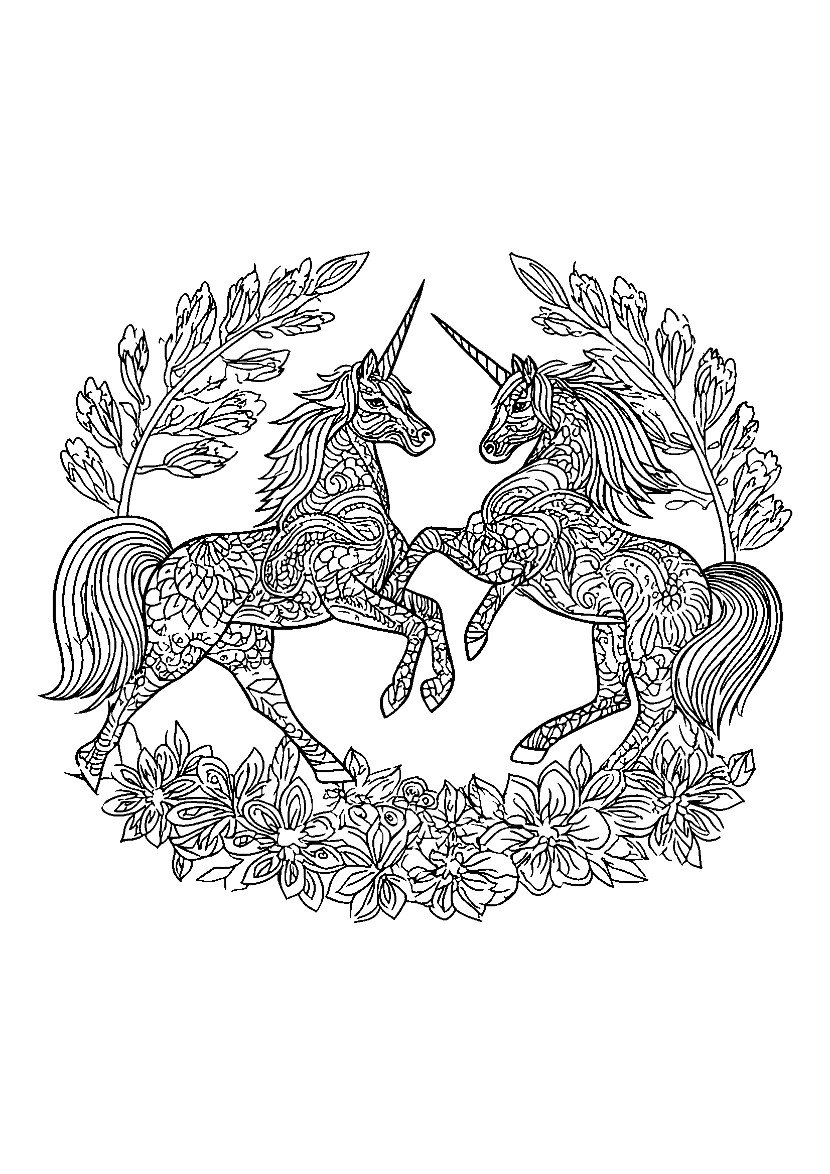 coloriage Unicorns Chasing Each Other in an Enchanted Forest