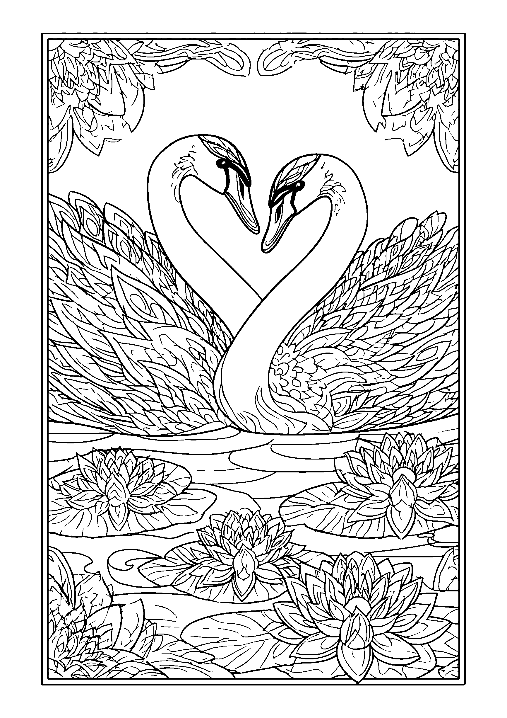 coloriage Pair of Kissing Swans Amidst a Water Lily Pond