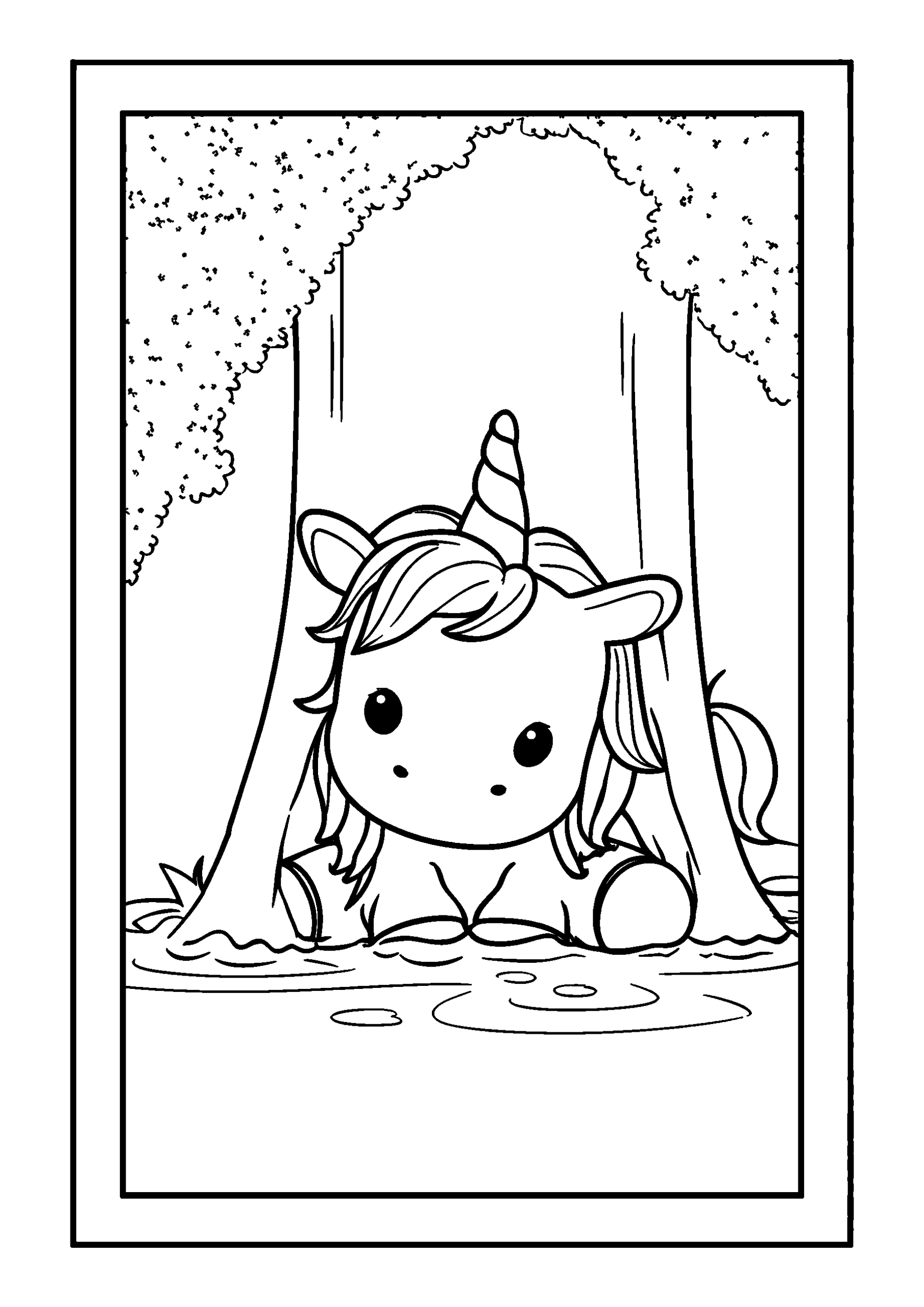 coloriage Unicorn Peeking from Behind a Waterfall