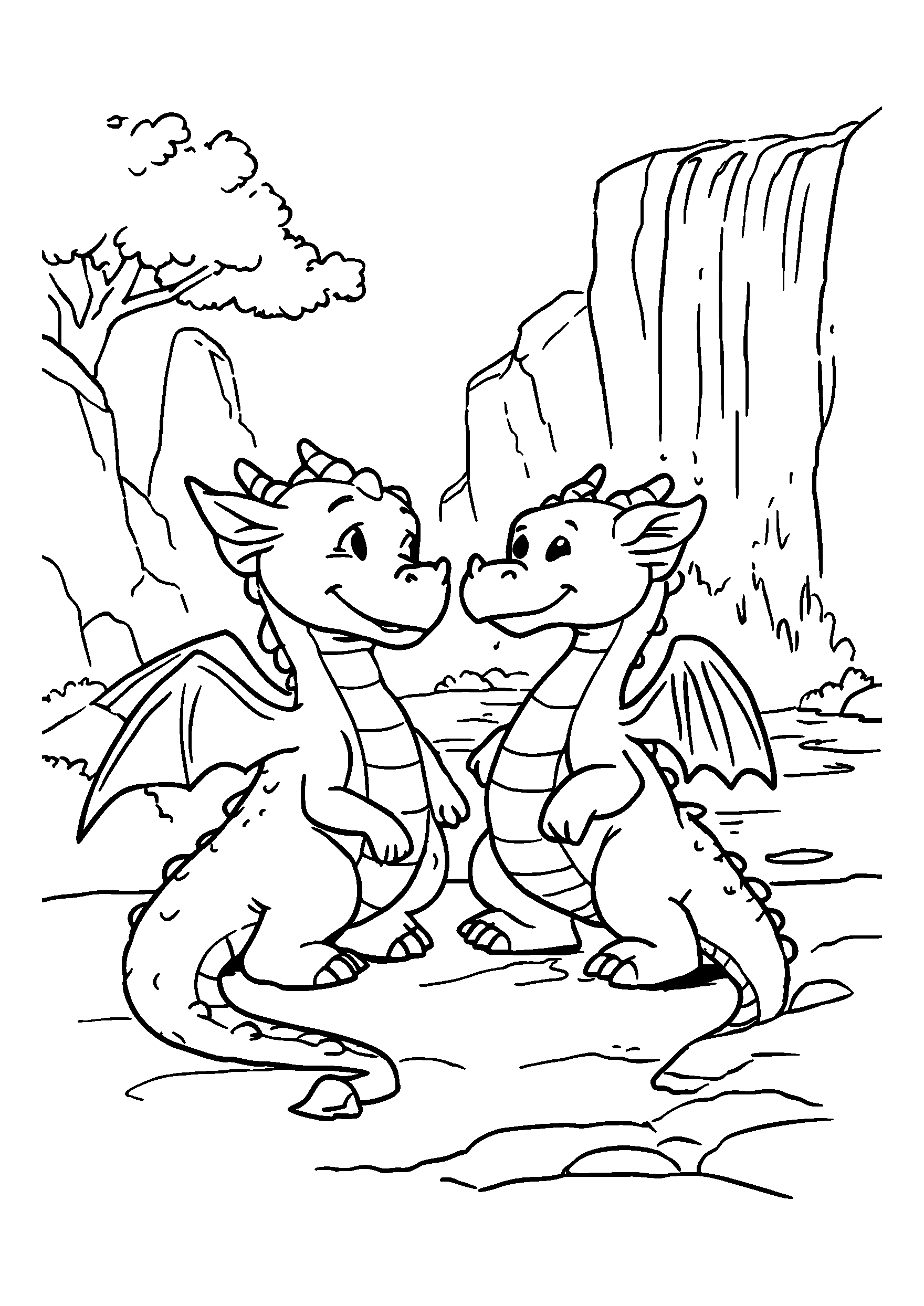 coloriage Dragons Sharing a Joy-filled Moment Near a Waterfall