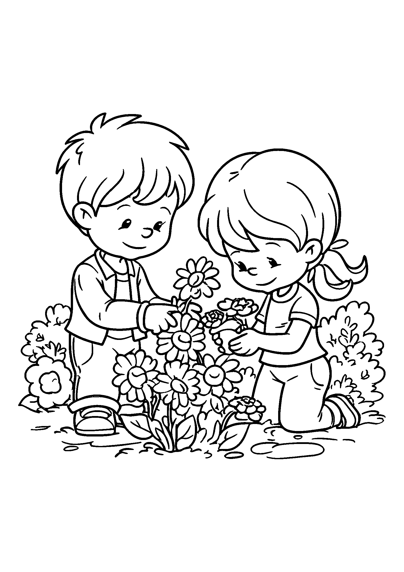 coloriage Children Gathering Flowers in a Sunlit Meadow