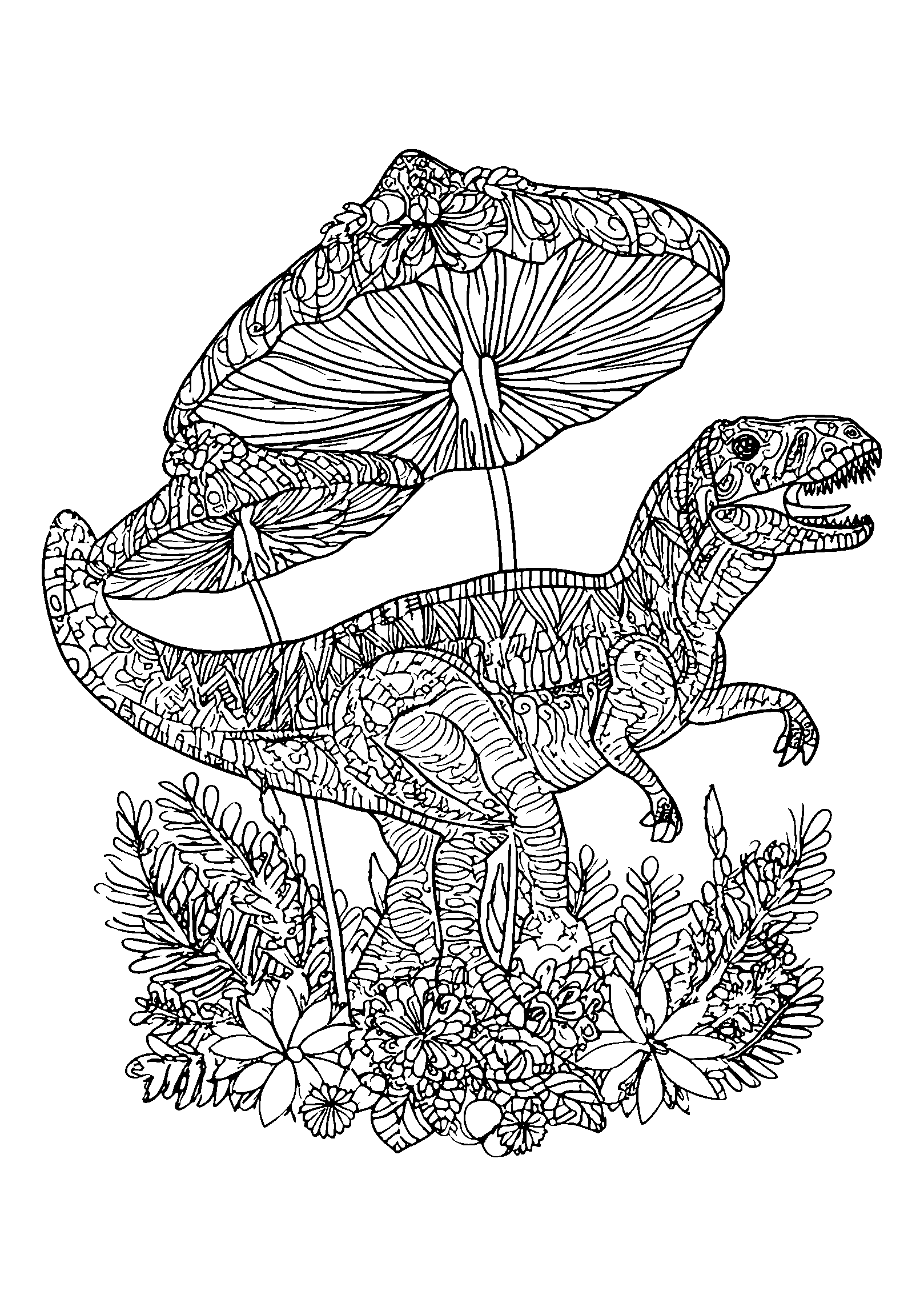 coloriage Dinosaur Resting under a Big Umbrella Plant