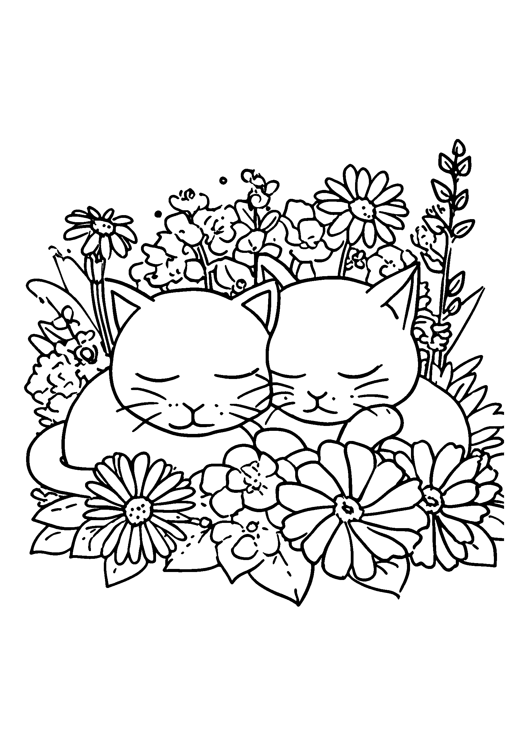 coloriage Cats Napping Together in a Flower Bed