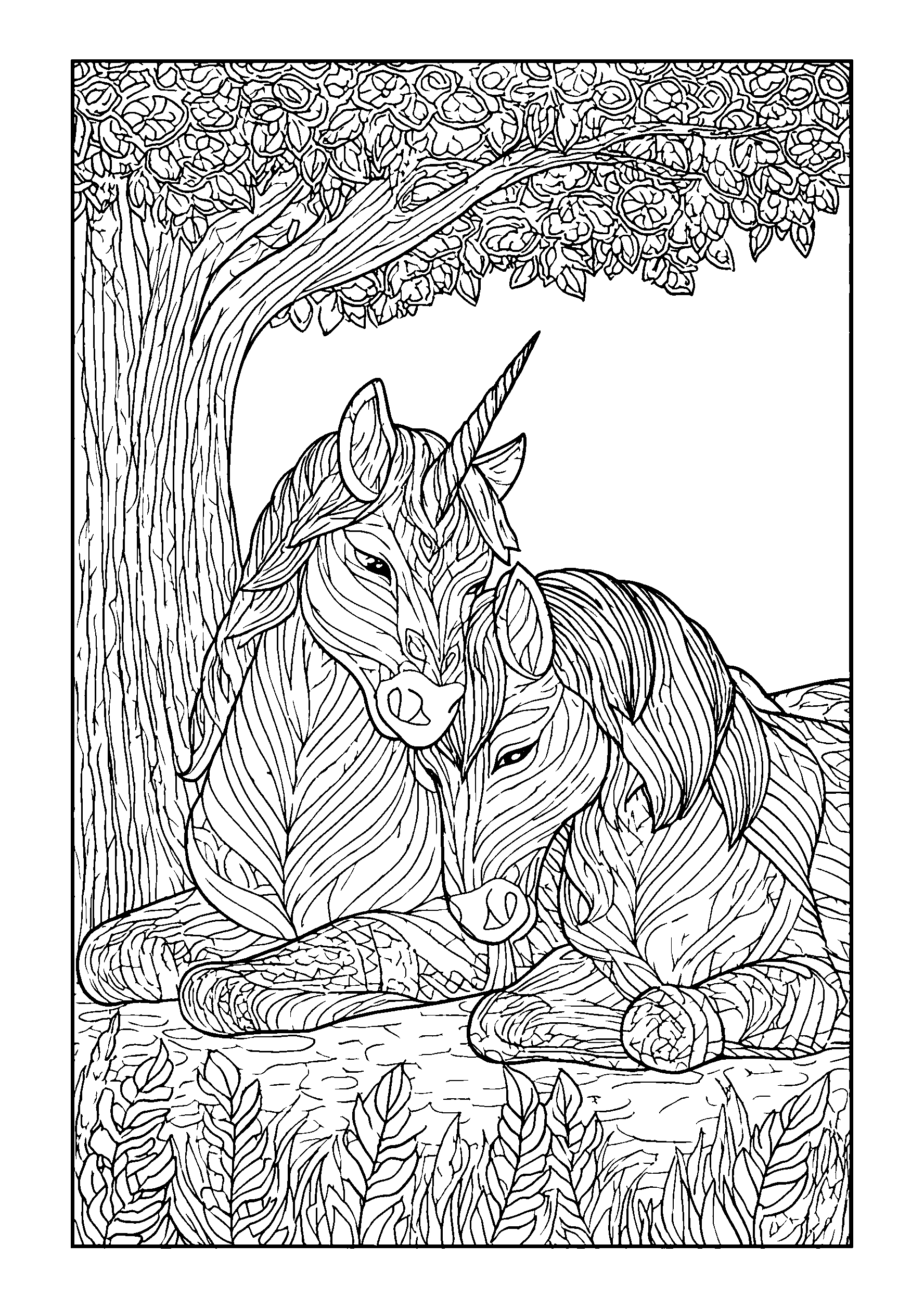 coloriage Unicorns Resting Side by Side under a Shady Tree
