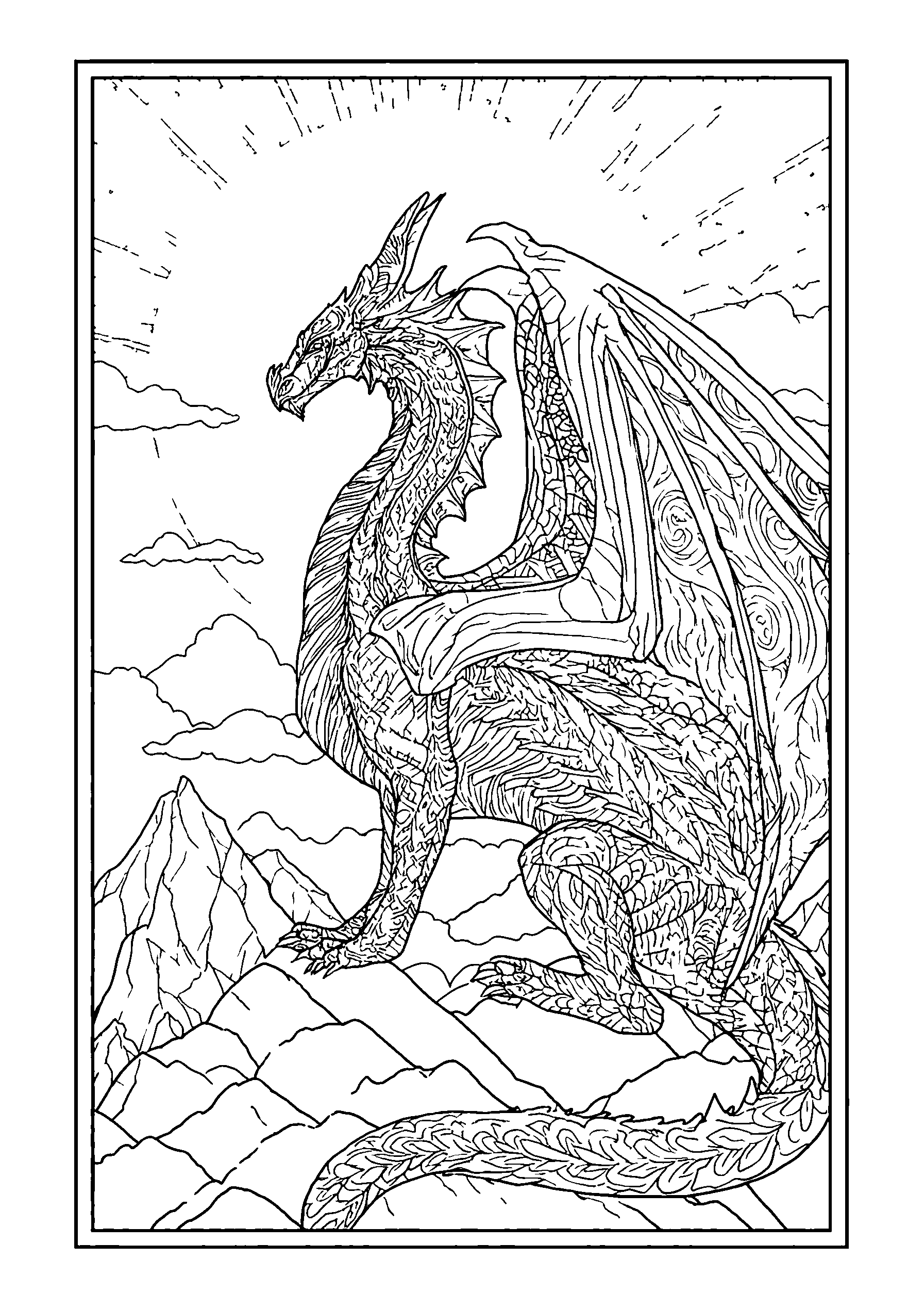 coloriage Dragon Observing a Sunset from a Mountaintop