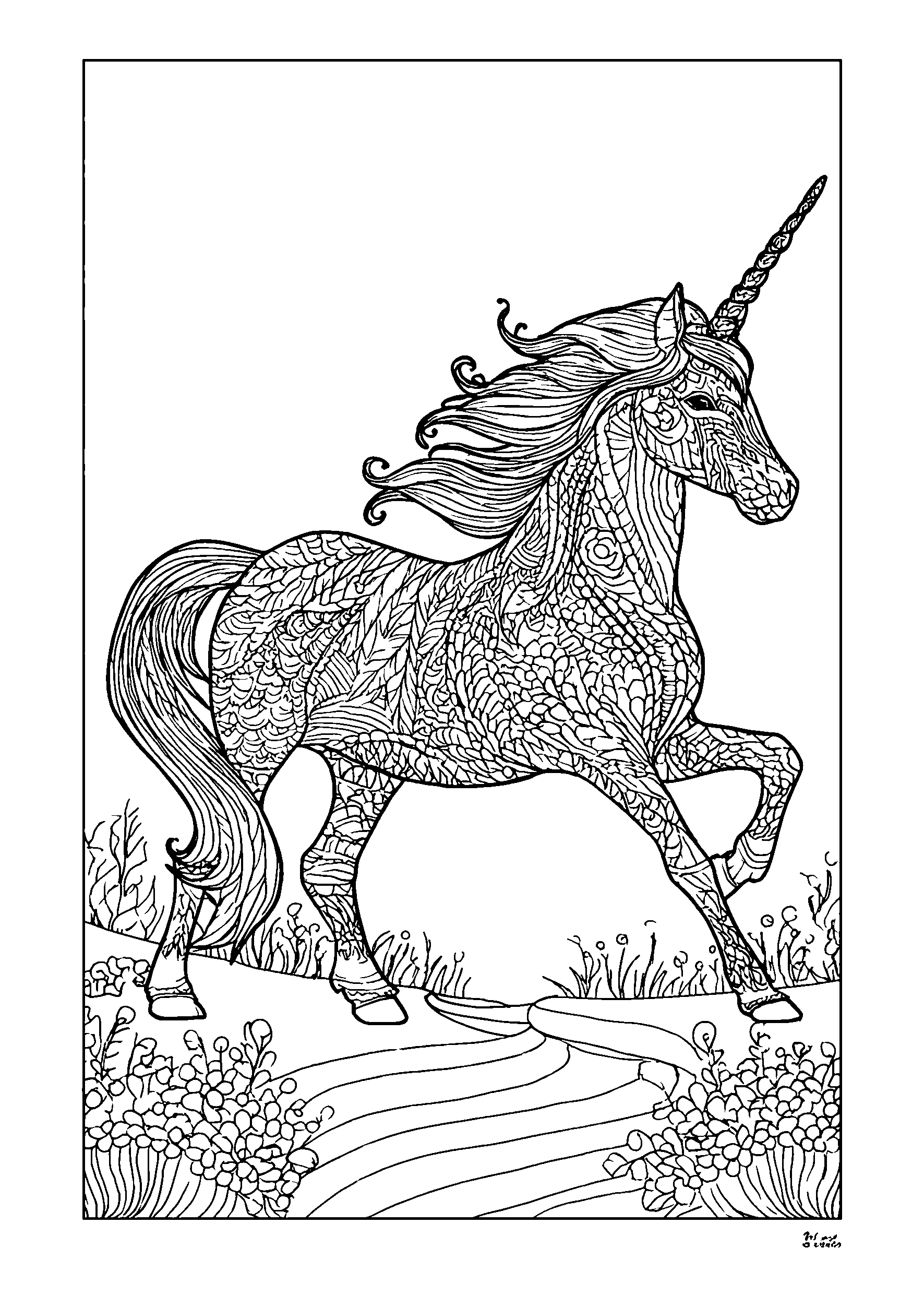 coloriage Unicorn Trotting Along a Winding Path in the Woods