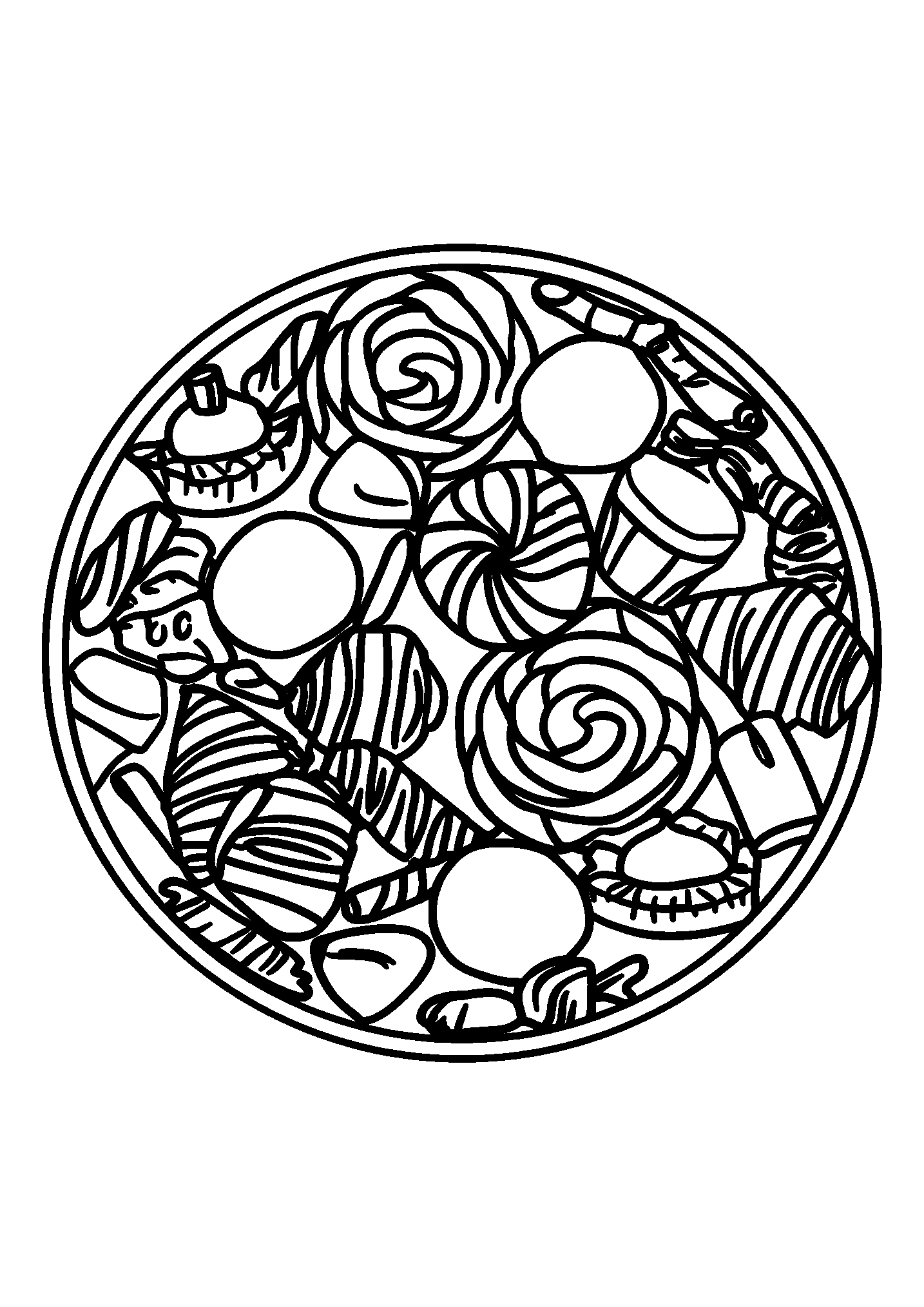 coloriage Circular Mandala Filled with Candy and Sweets