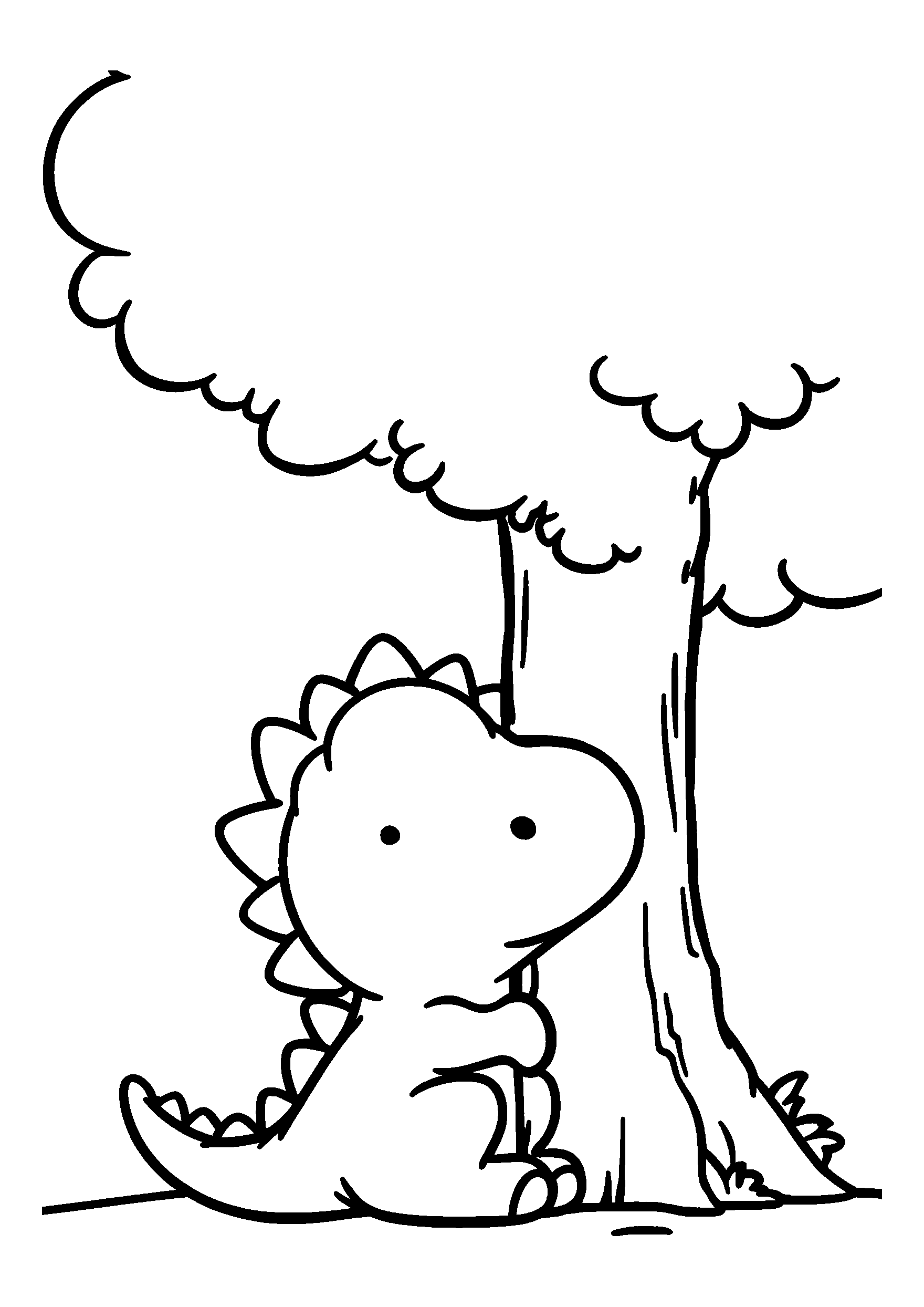 coloriage Dinosaur Peeking out from Behind a Giant Tree
