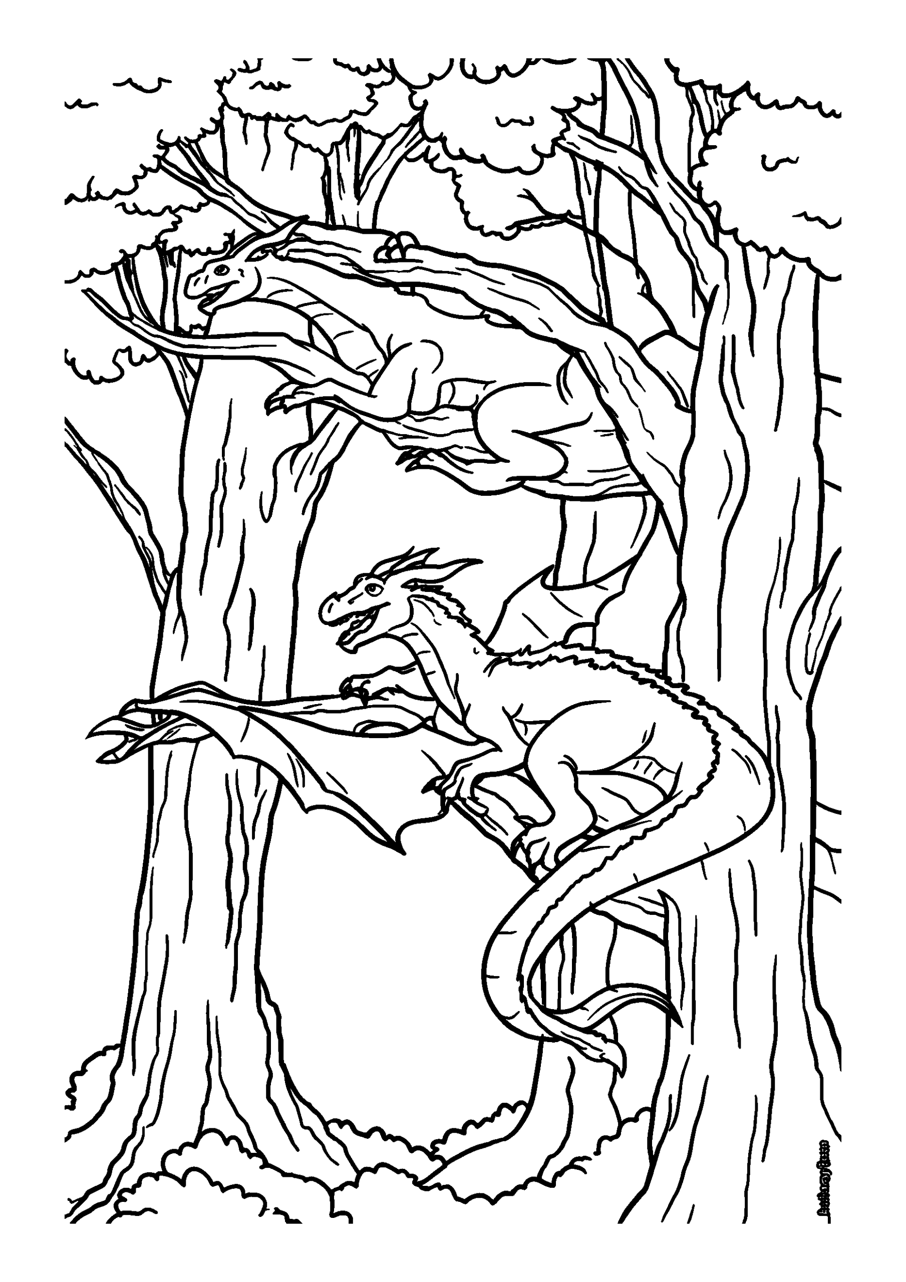 coloriage Dragons Weaving Through the Branches of Tall Trees