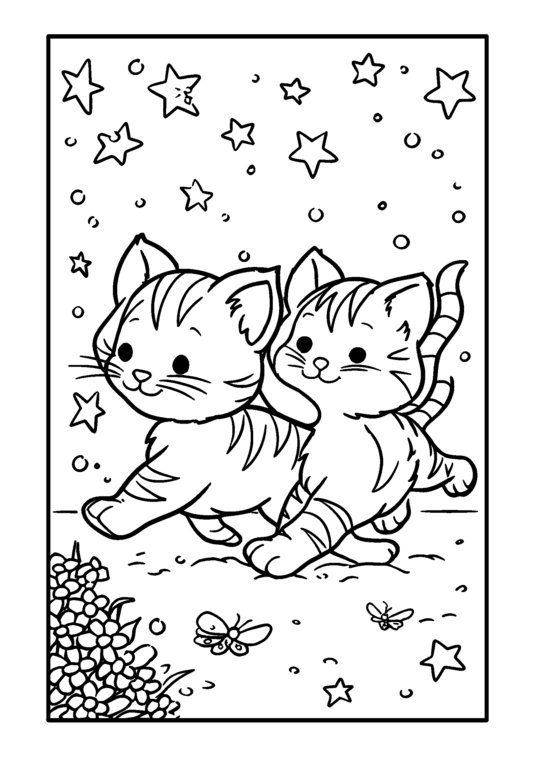 coloriage Kittens Chasing Fireflies under a Starry Sky