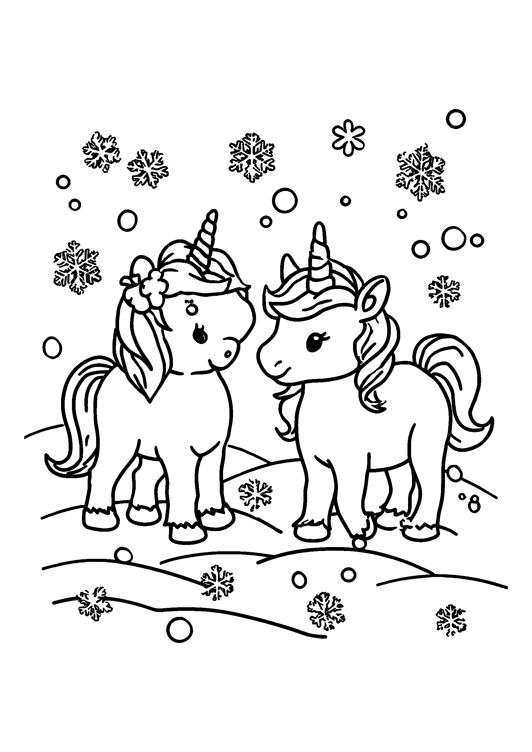 coloriage Unicorns Exploring a Snowy Landscape with Snowflakes