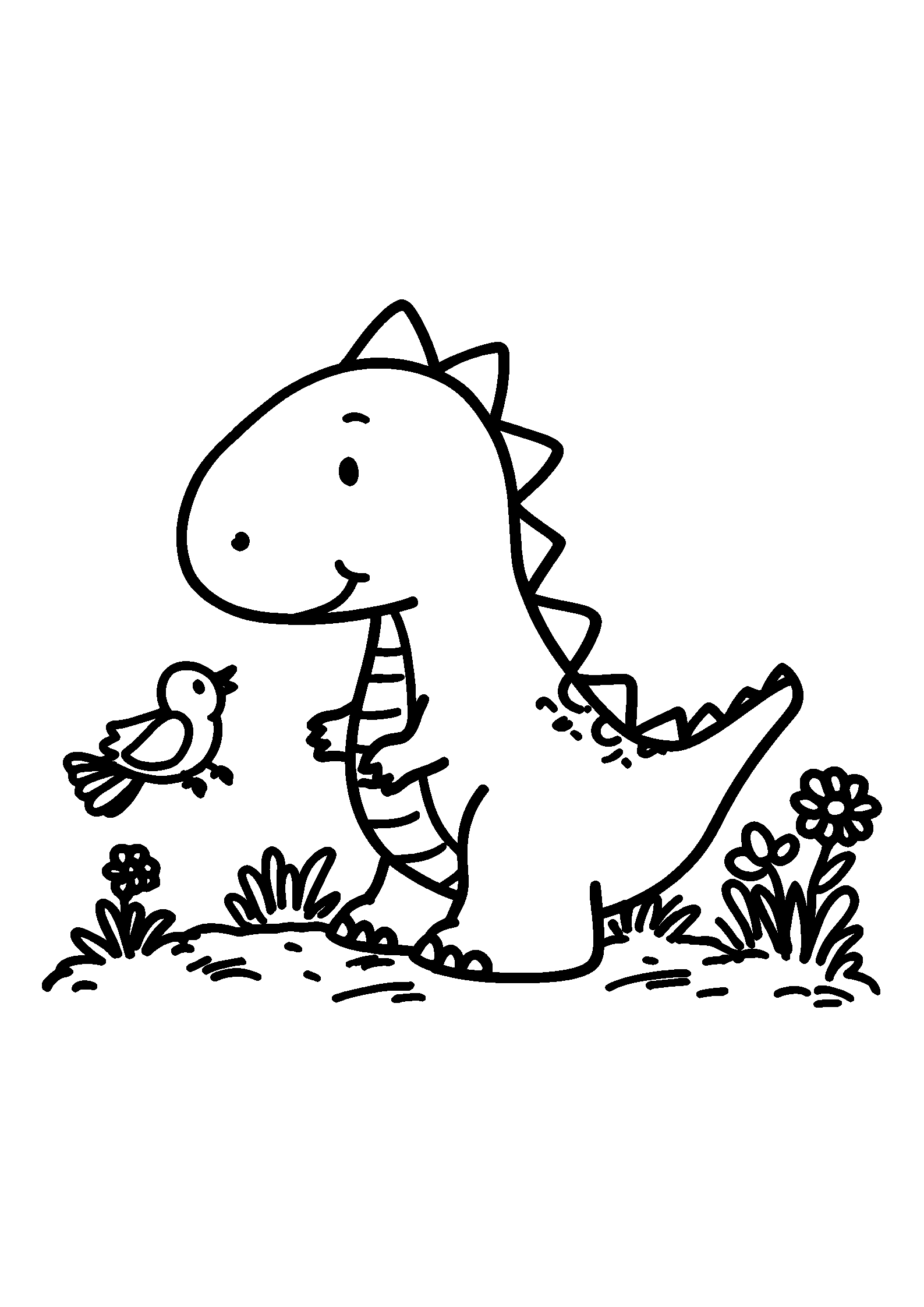 coloriage Dinosaur Chasing a Colorful Bird Across a Meadow