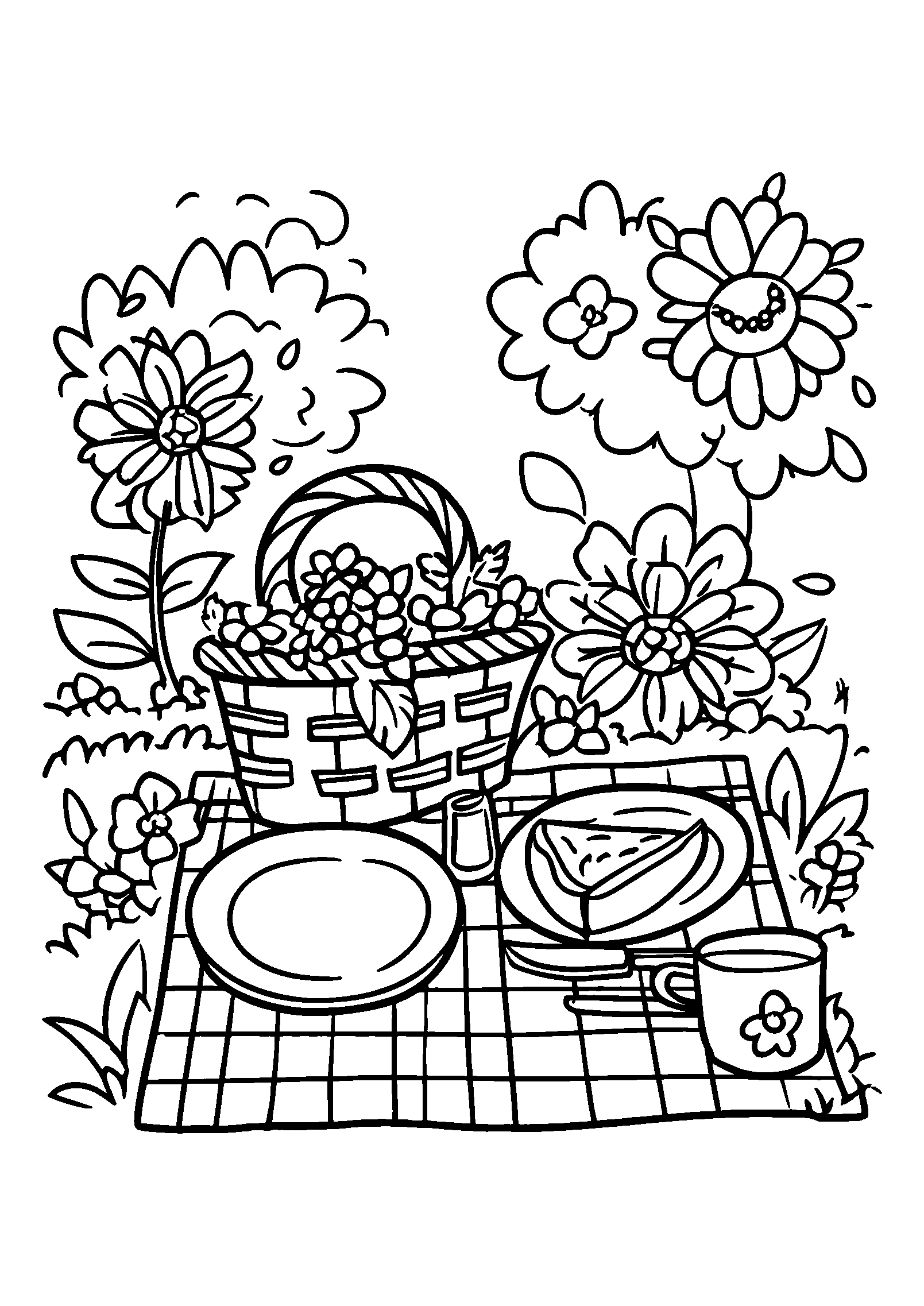 coloriage Serene Picnic Scene with Flower Decorations