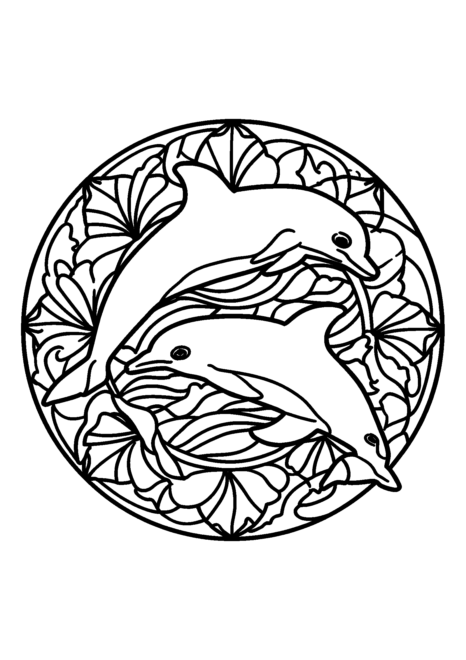 coloriage Dolphins Leaping Within a Wave-patterned Mandala