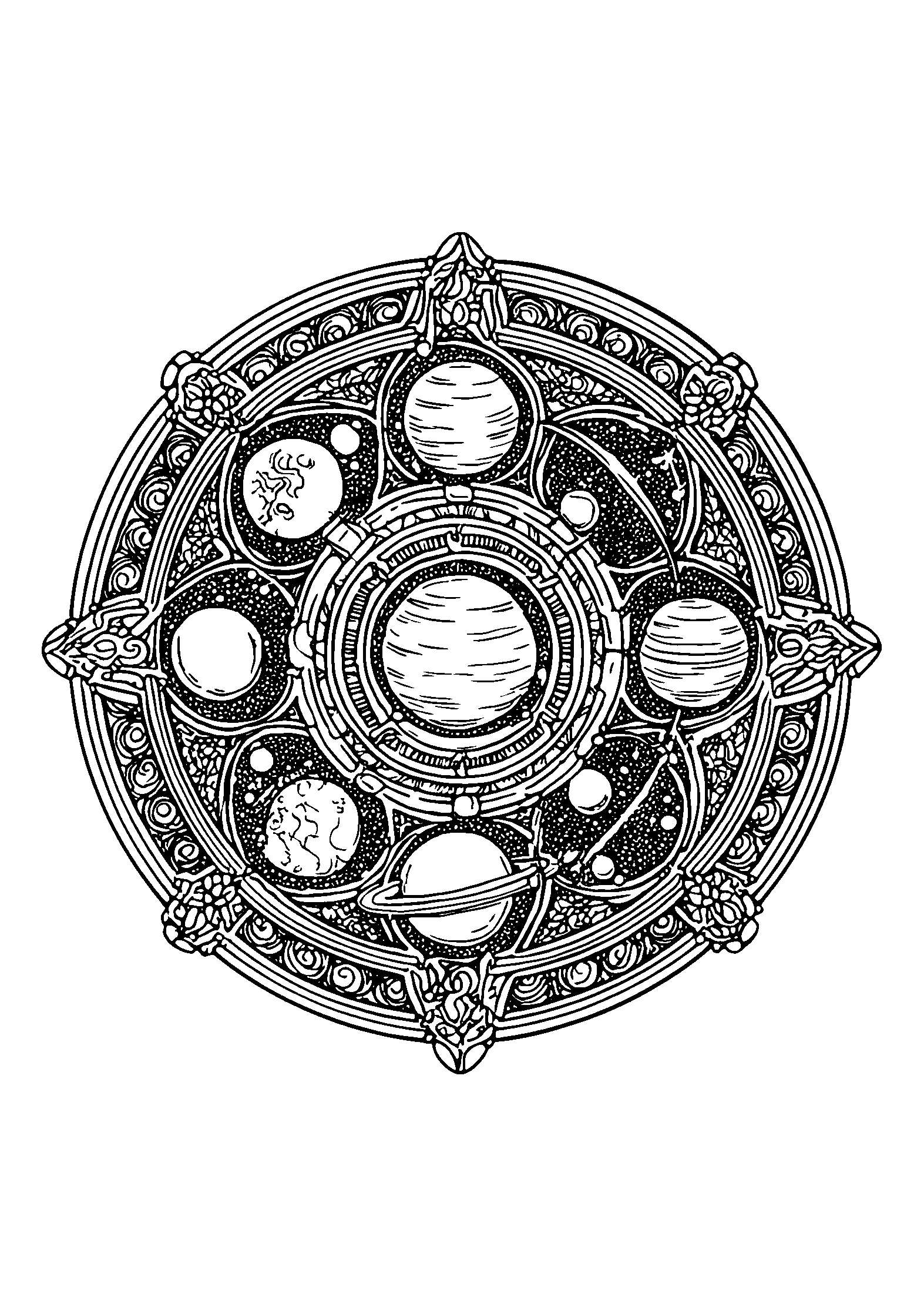 coloriage Celestial Mandala Filled with Planets and Stars