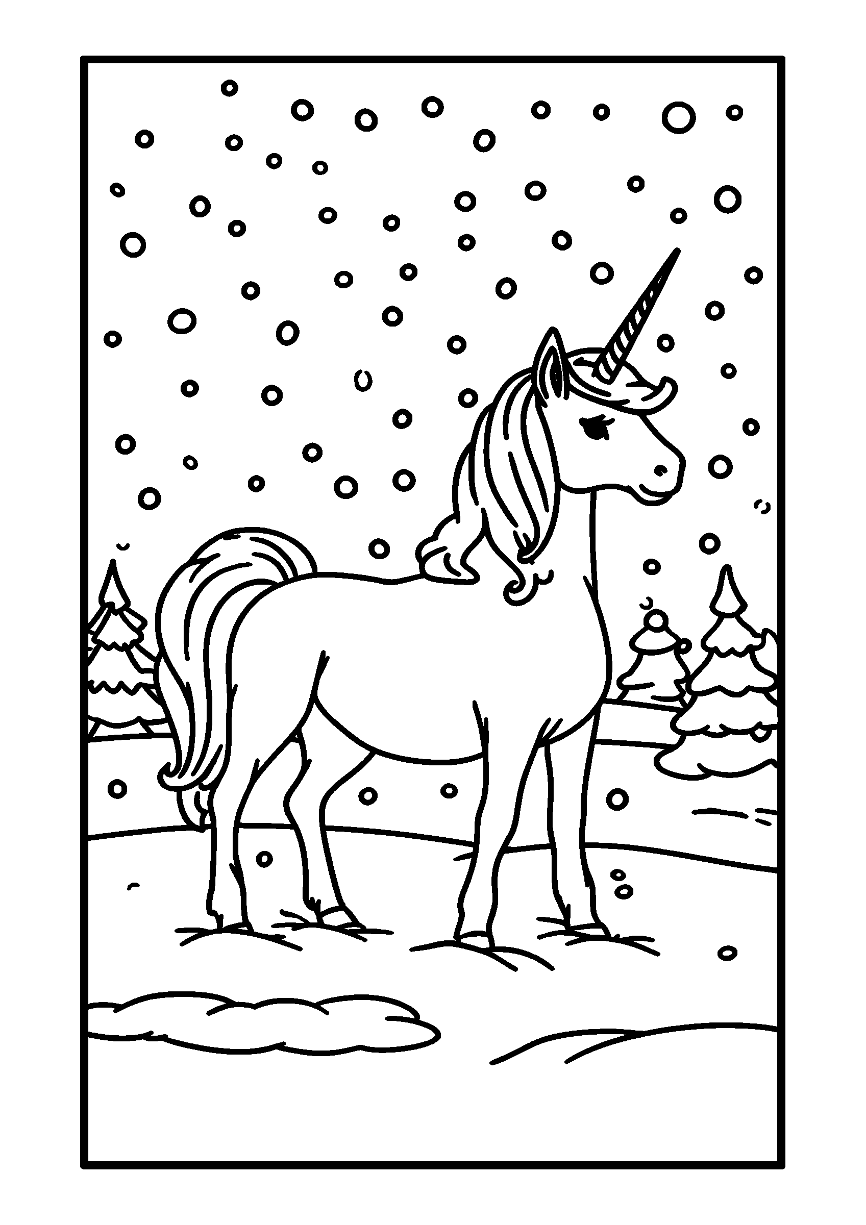 coloriage Majestic Unicorn Standing in a Snowy Clearing
